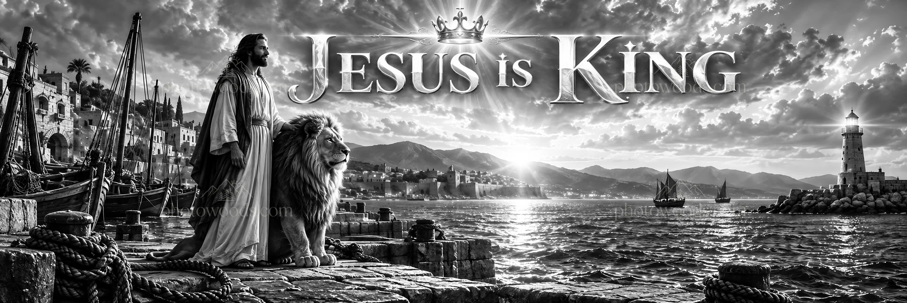 Jesus Christ stands with a lion by the sea at sunset - AI-generated stock image