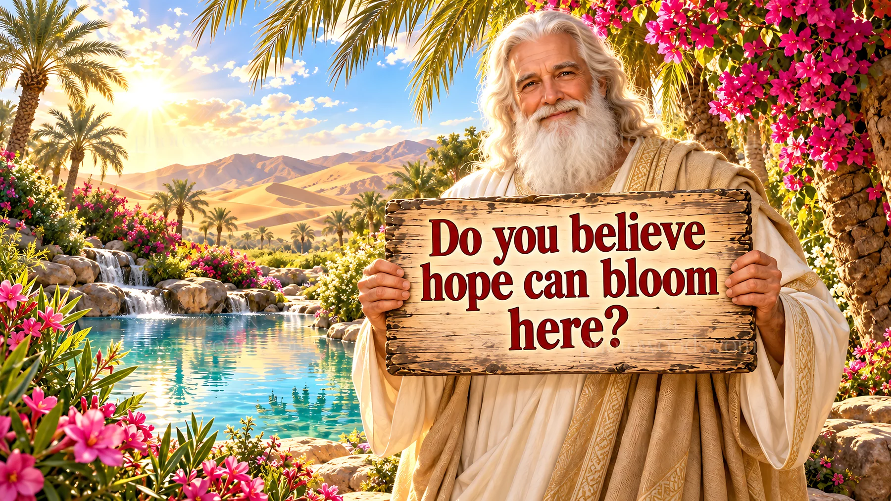 Jesus Christ holds a sign asking about hope blooming in nature - AI-generated stock image