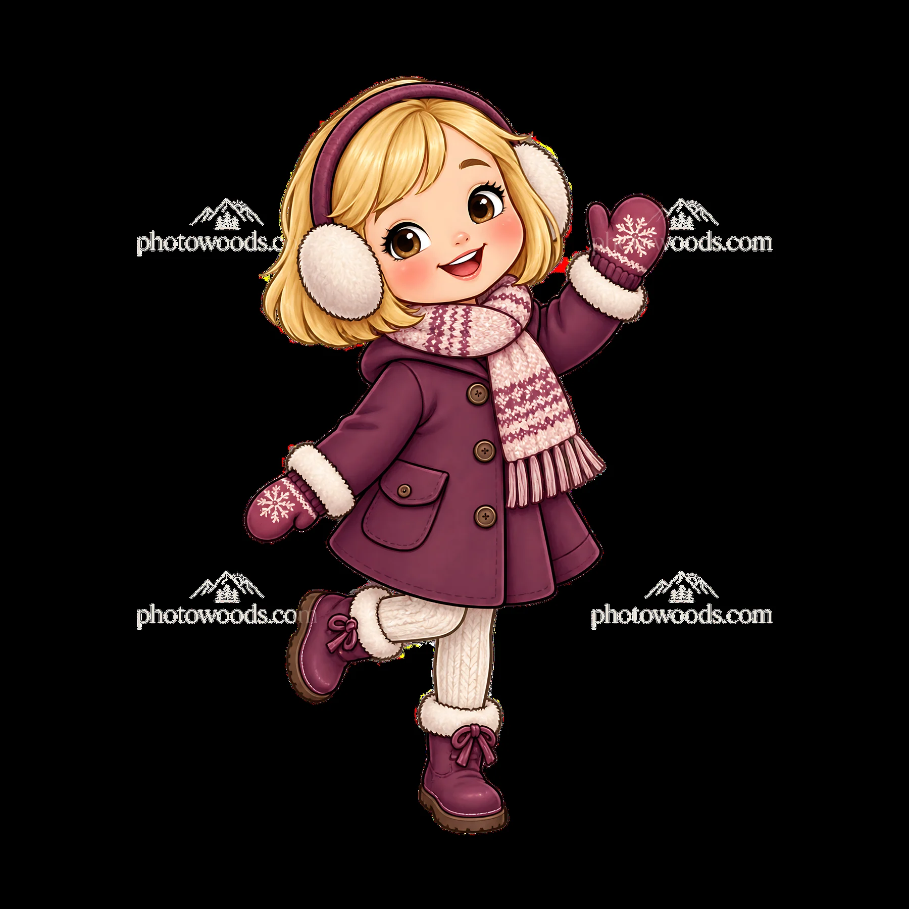 Blond child wearing winter coat and scarf with gloves in snow - AI-generated stock image