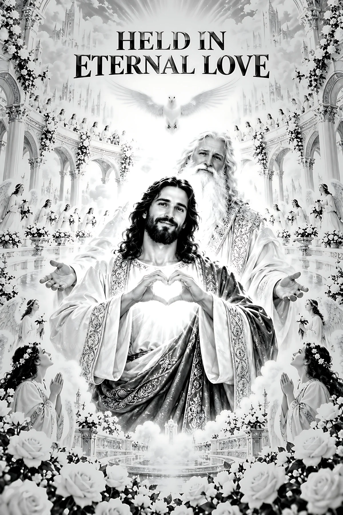 Held in eternal love scene with divine figures and nature - AI-generated stock image