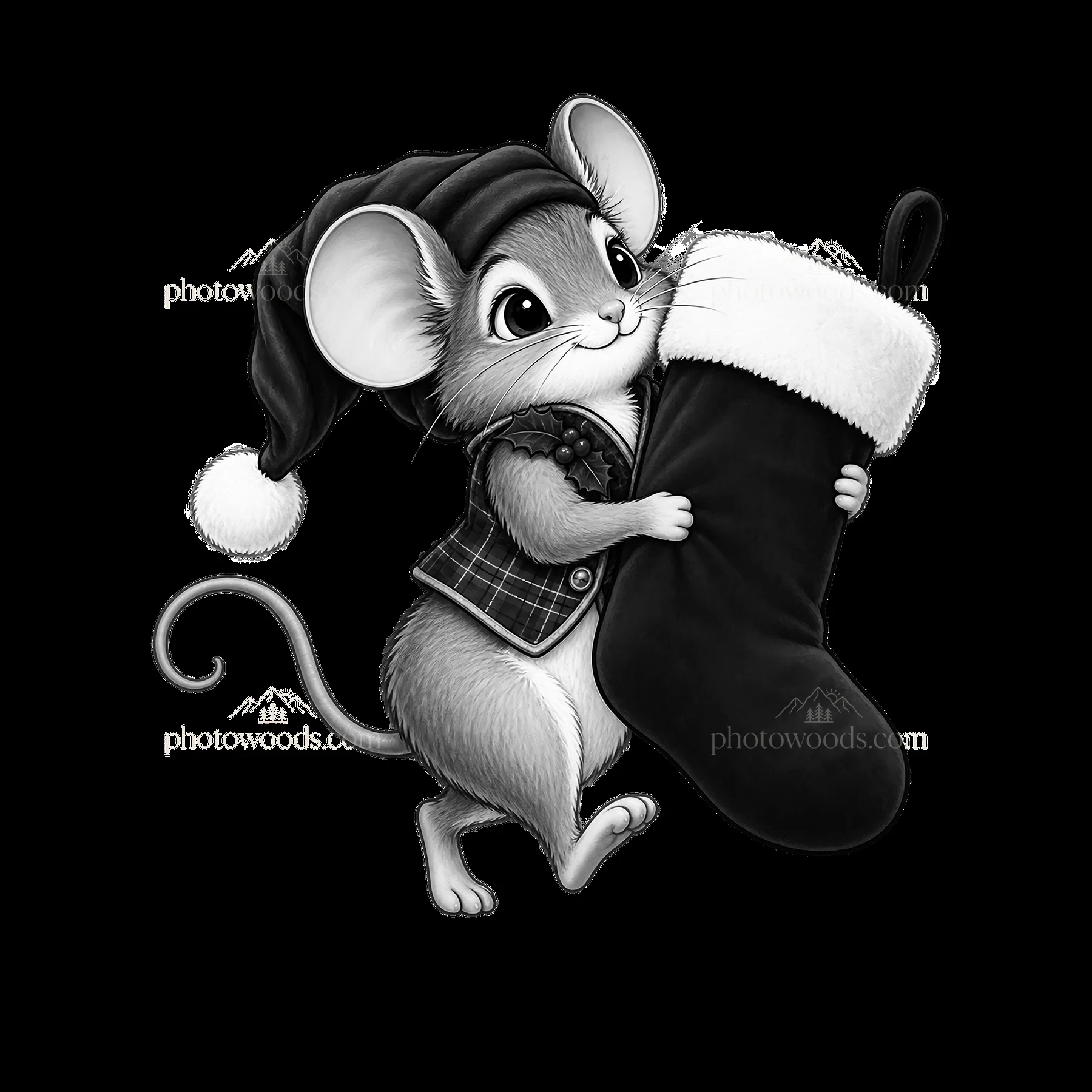 Mouse carrying Christmas stocking near a fireplace - AI-generated stock image