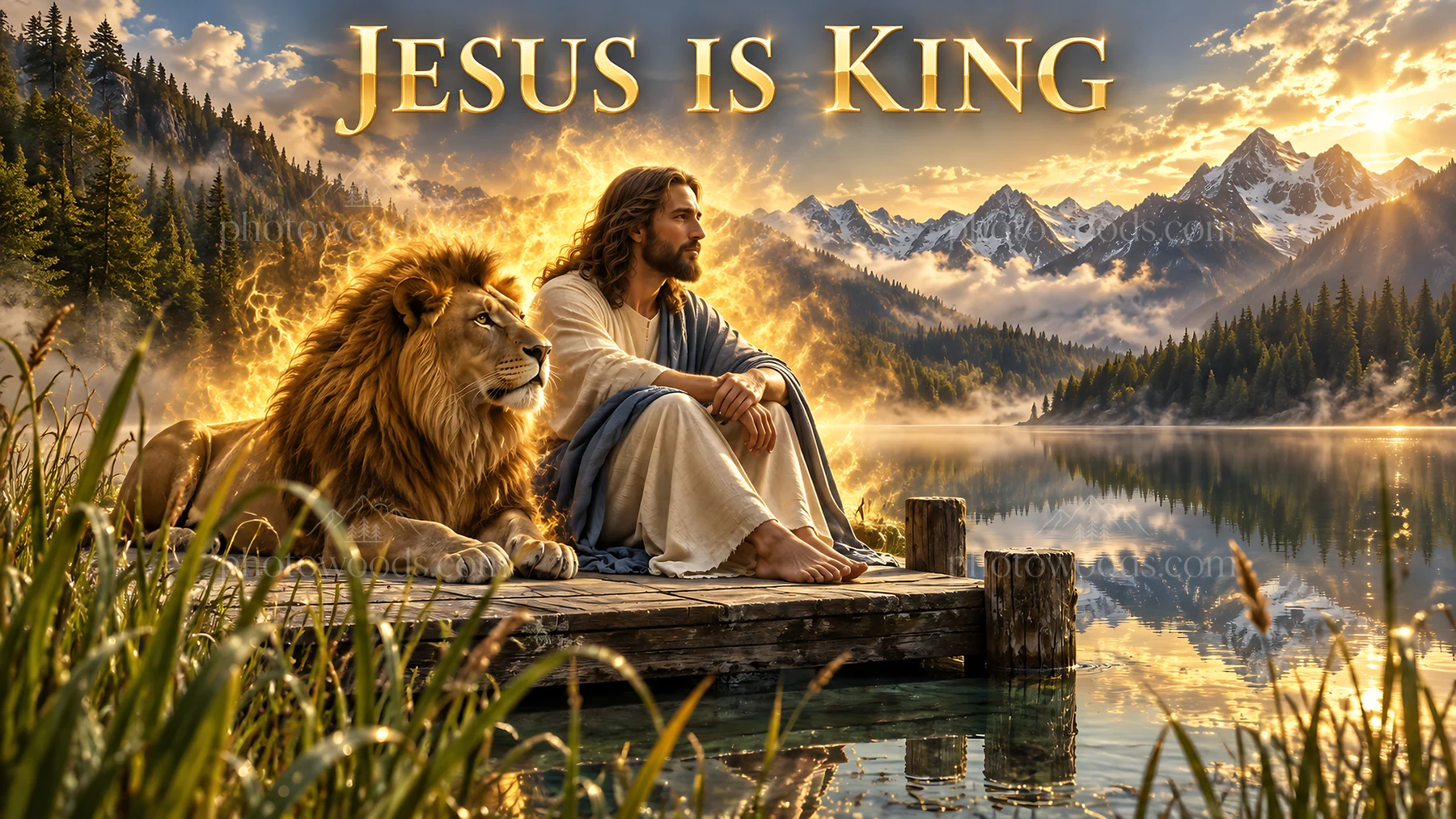 Jesus Christ by the lake with a lion in a peaceful setting - AI-generated stock image