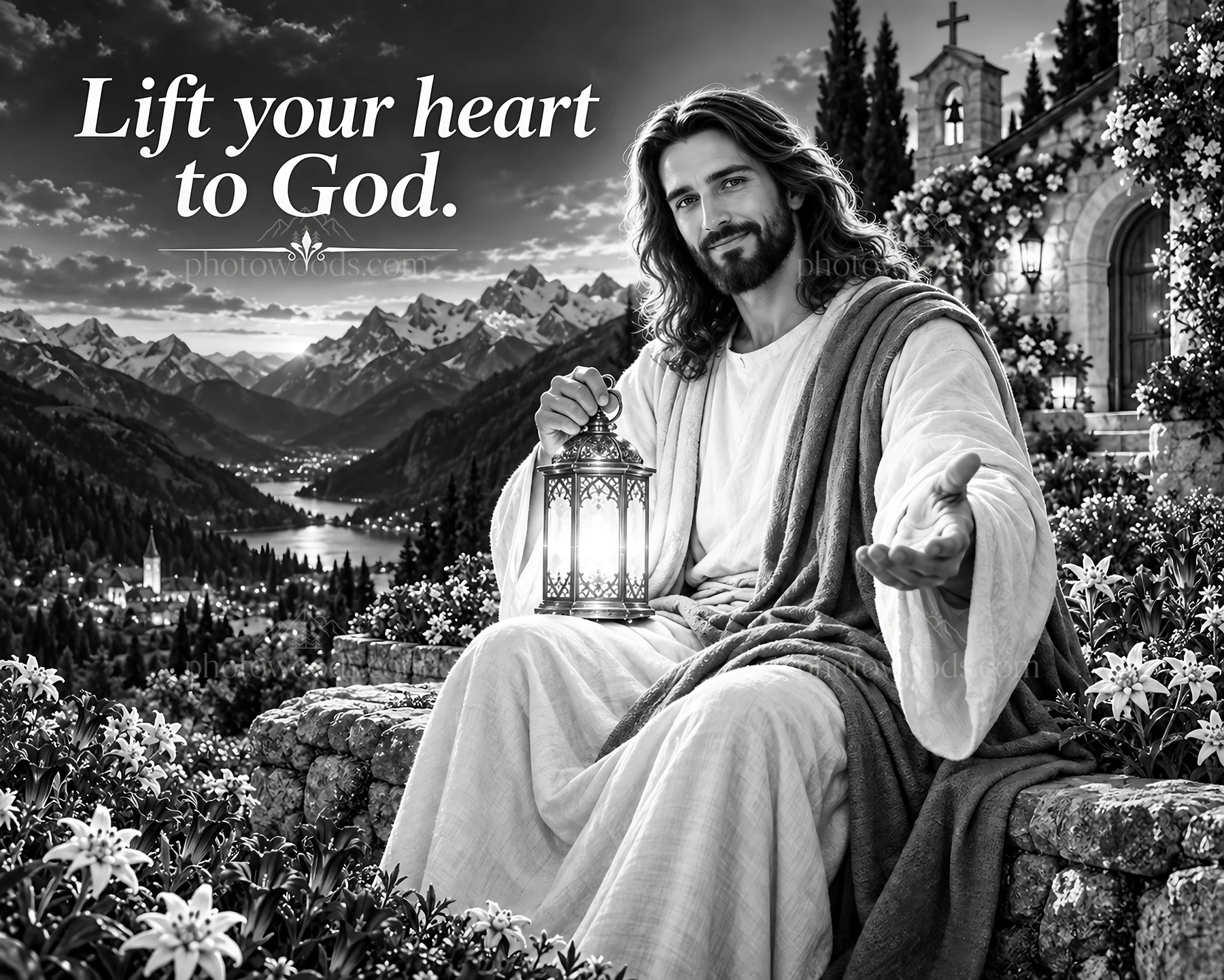 Jesus Christ inviting viewers to lift their hearts to God - AI-generated stock image