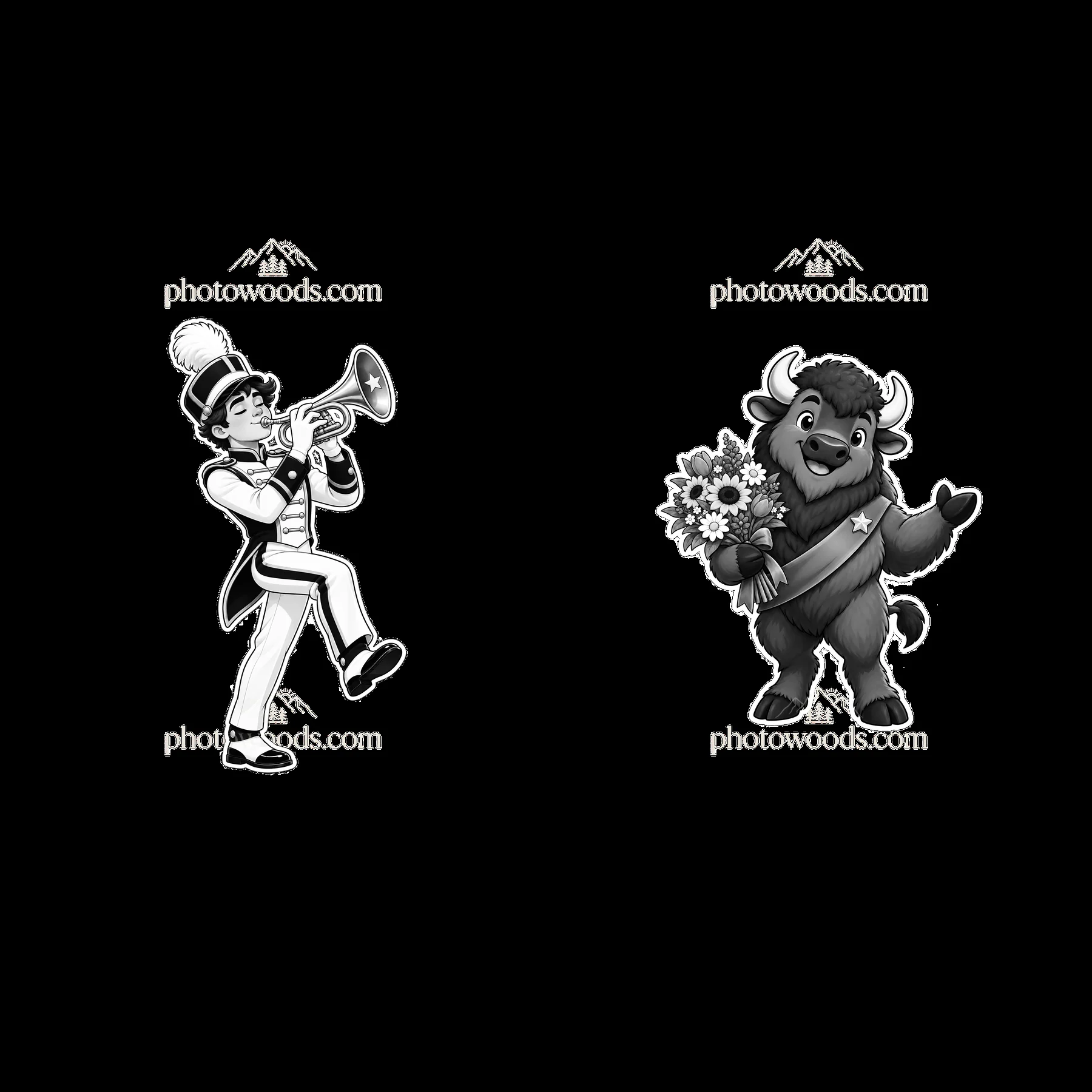 Trumpeter and bison holding flowers in monochrome sticker design - AI-generated stock image
