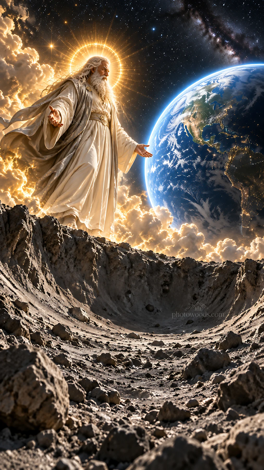 Jesus Christ welcoming creation from above - AI-generated stock image