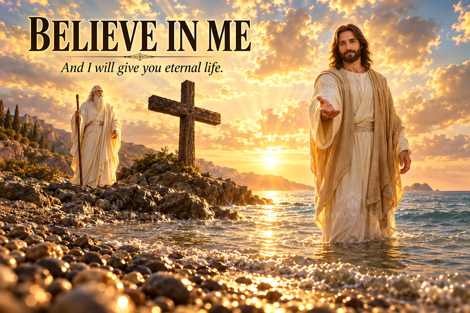 Jesus Christ offers hope and eternal life by the sea - AI-generated stock image