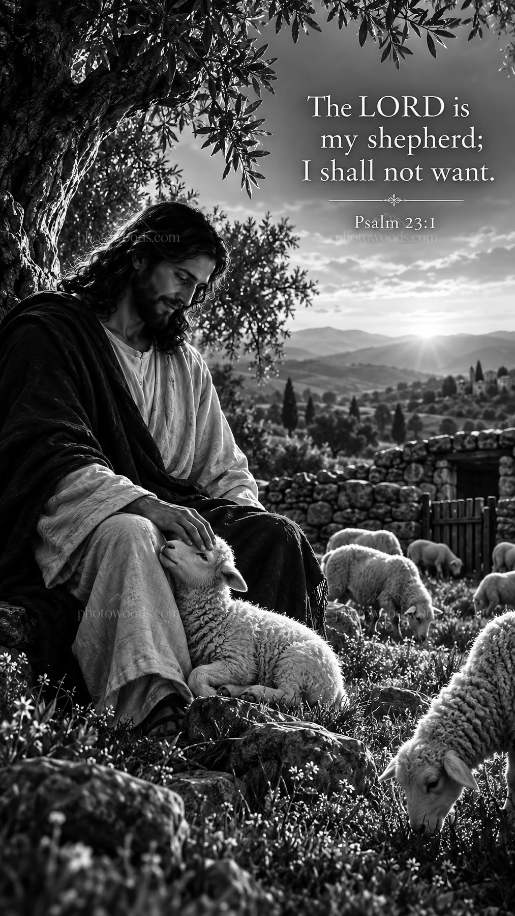 Jesus Christ comforting sheep in a pastoral setting - AI-generated stock image