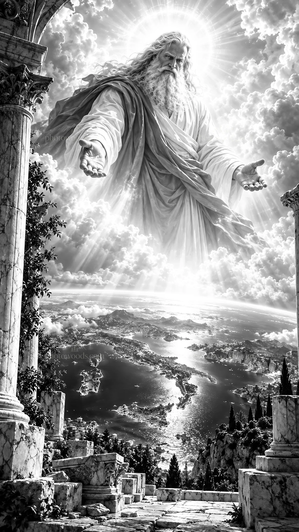 Jesus Christ welcomes with open arms from the clouds - AI-generated stock image