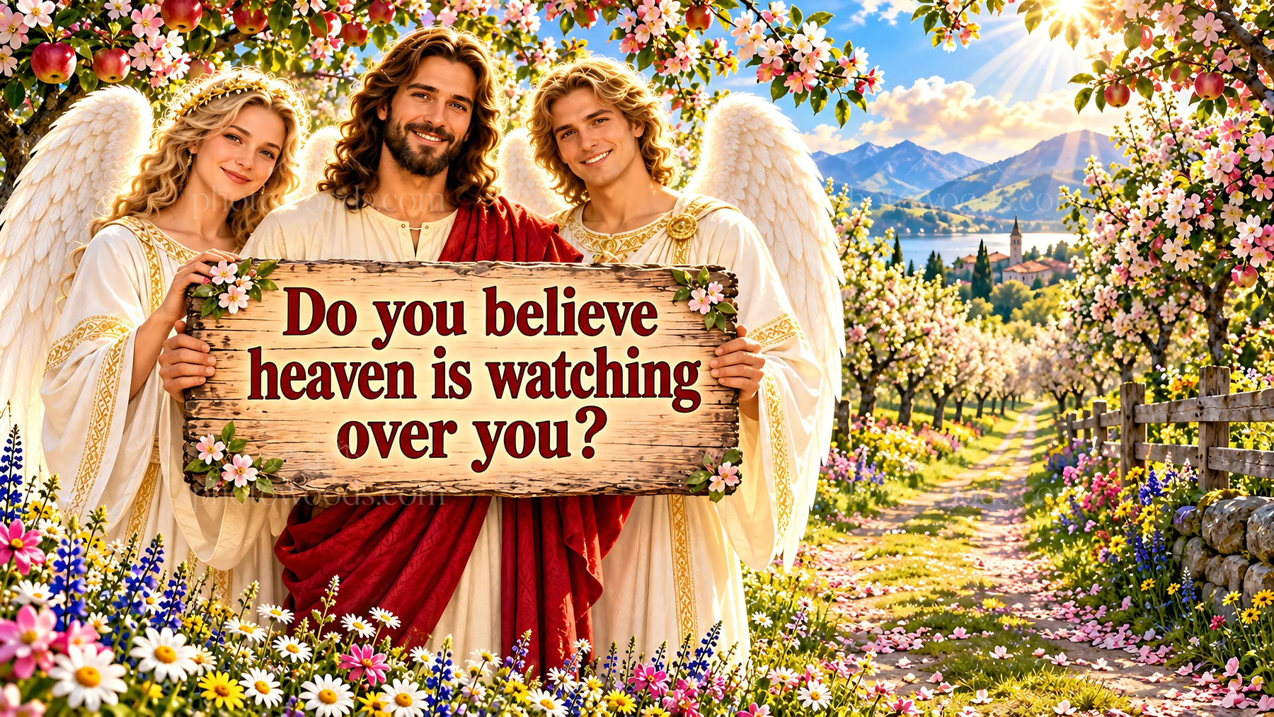 Jesus Christ welcomes visitors in a garden with angels - AI-generated stock image