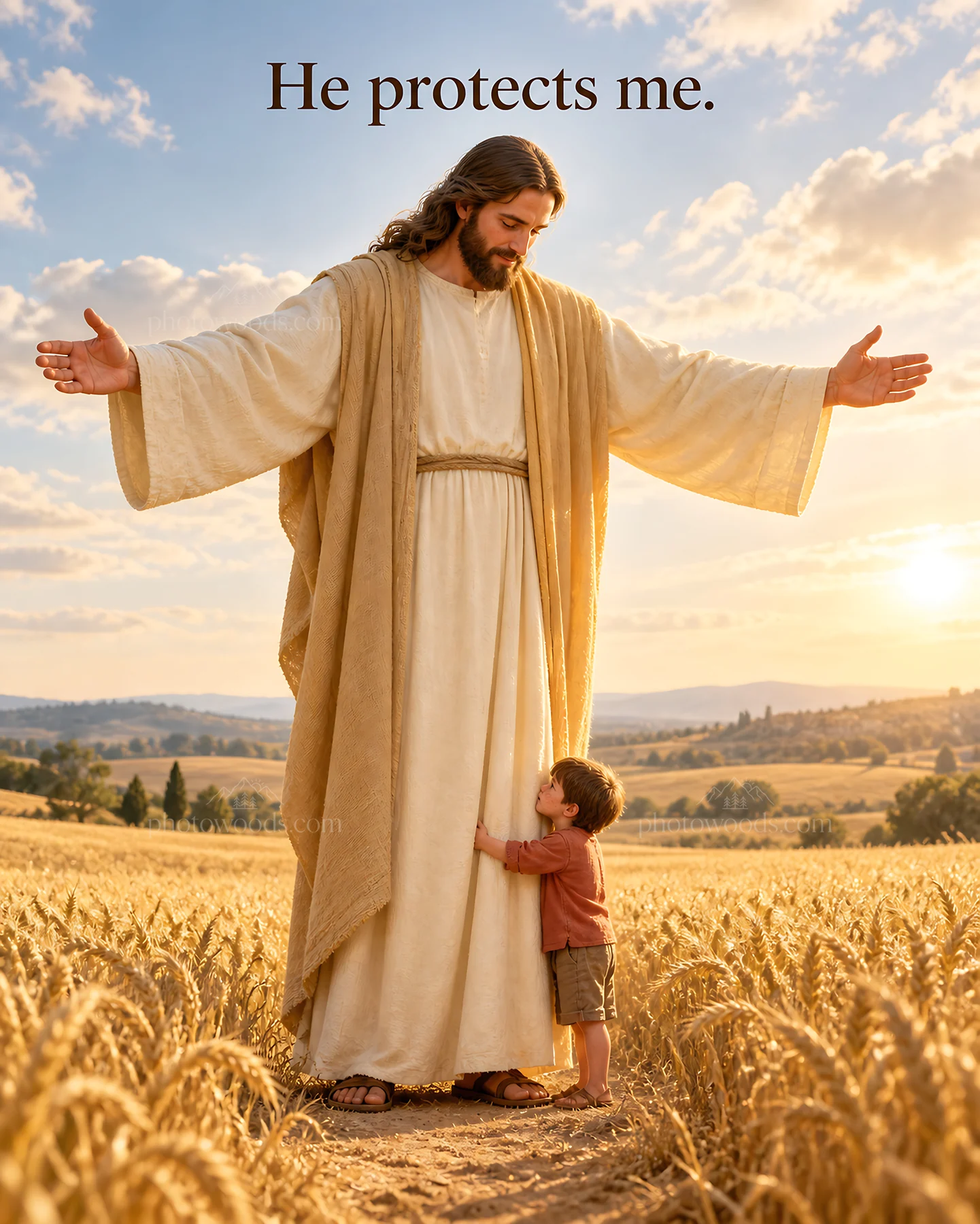 Jesus Christ embraces a child in a golden field - AI-generated stock image