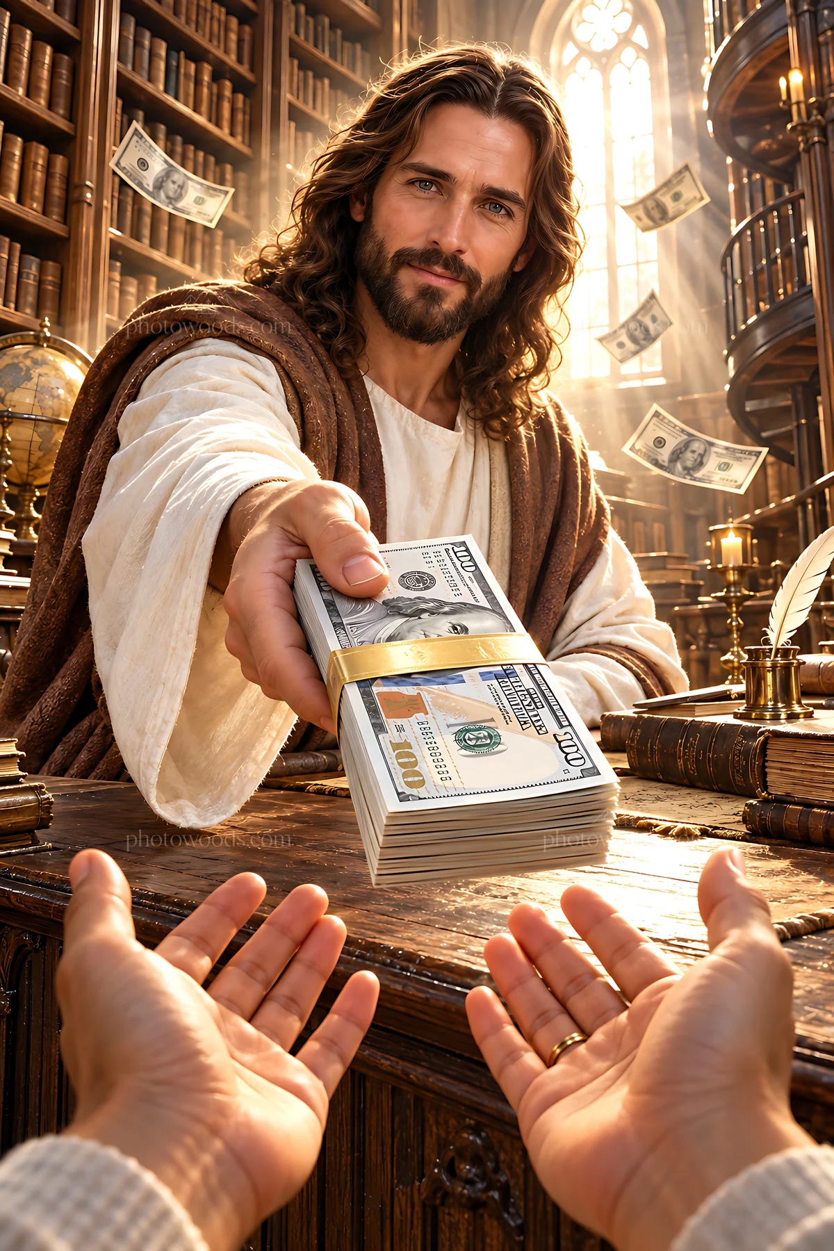 Light in the library presents a unique scene with figure - AI-generated stock image