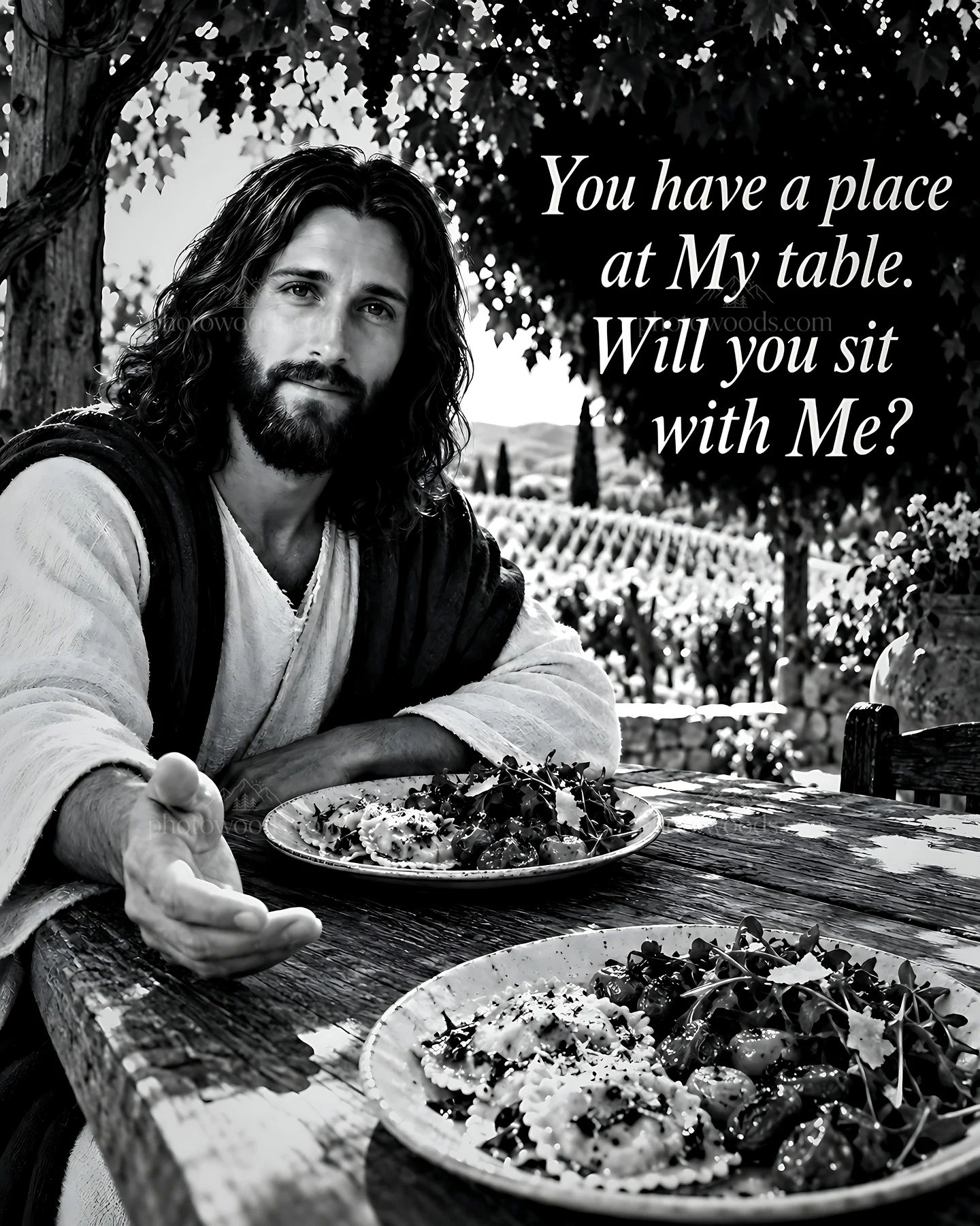 Invitation to dine at vineyard pergola - AI-generated stock image