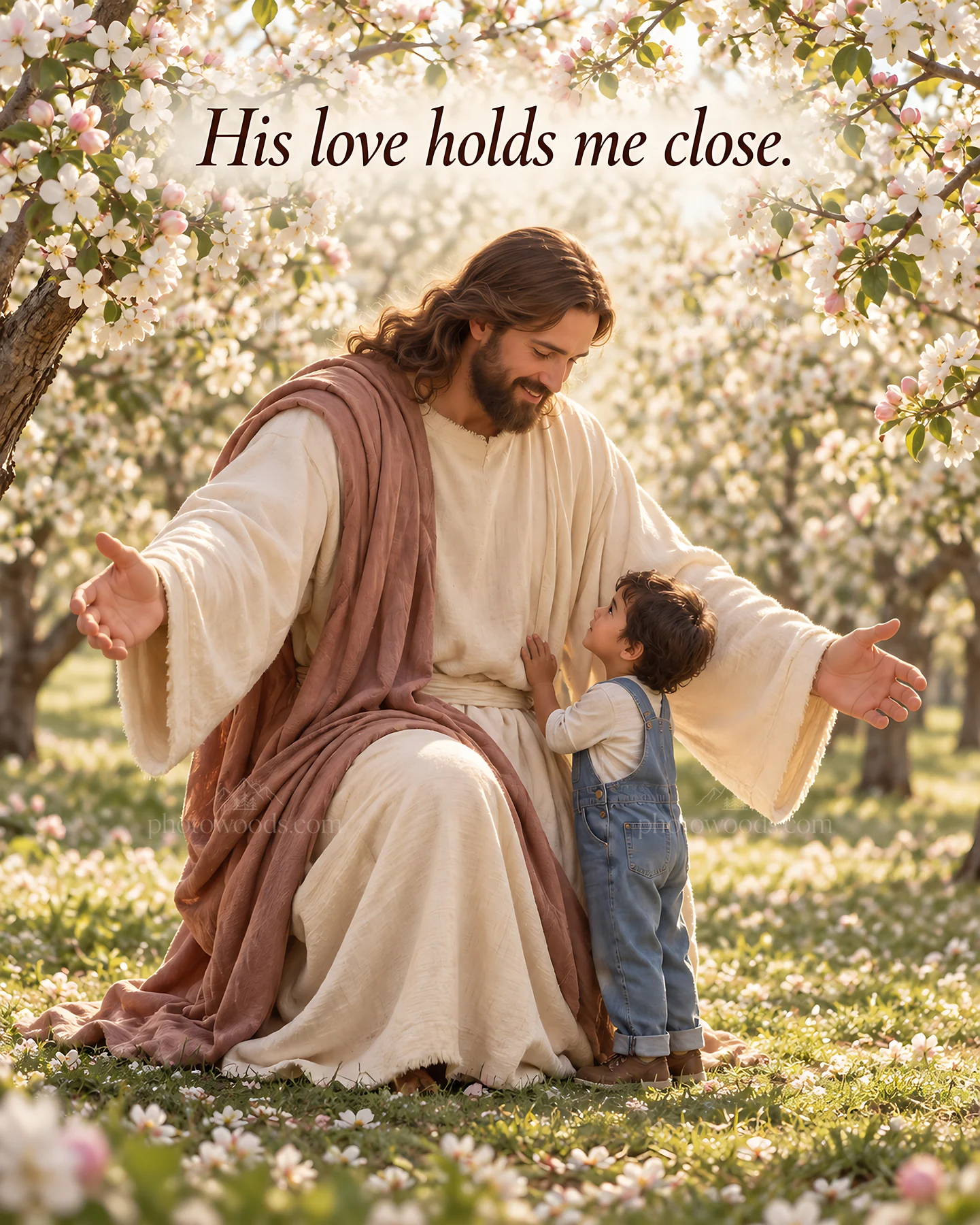 Jesus Christ welcoming a child in a flowering orchard - AI-generated stock image