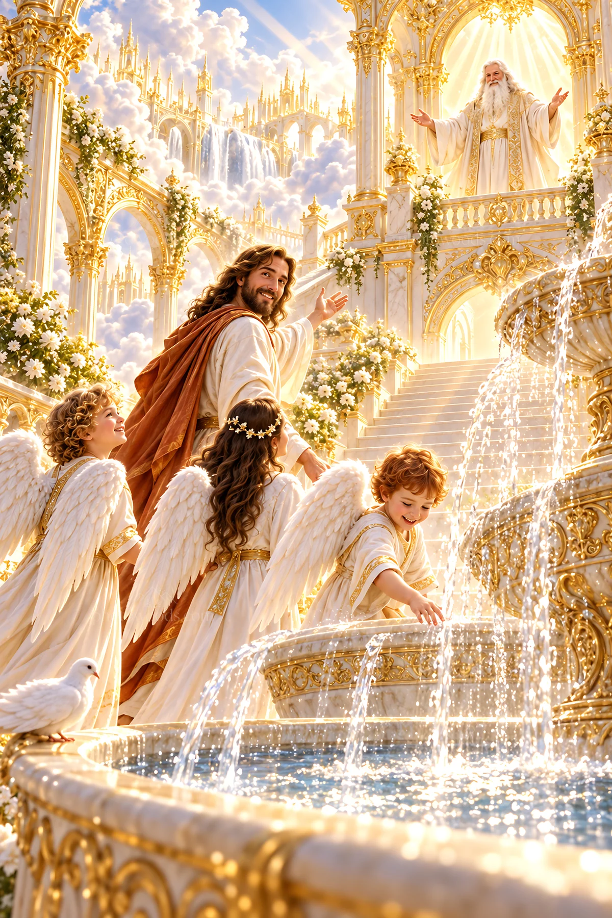Jesus Christ with angels in a heavenly garden setting - AI-generated stock image