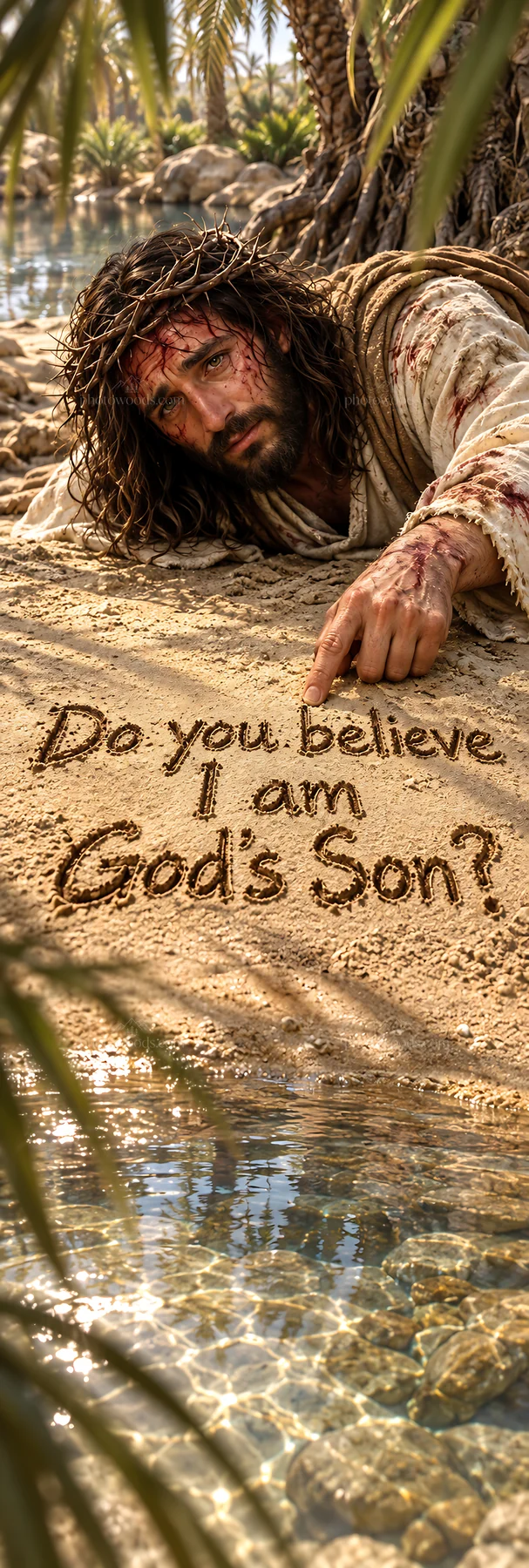 Jesus Christ teaching by the shore of a tranquil water - AI-generated stock image
