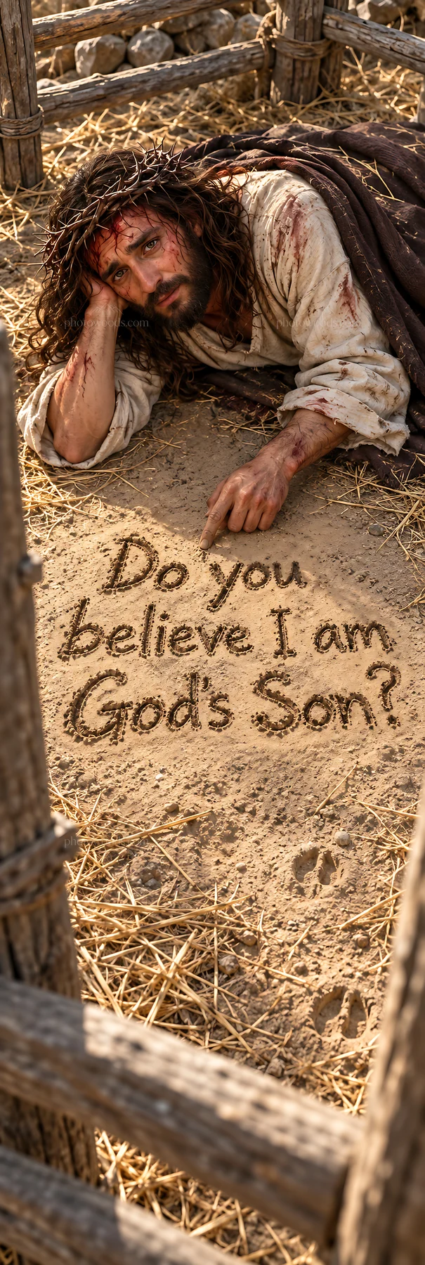 Jesus Christ writing in the sand and asking a question - AI-generated stock image