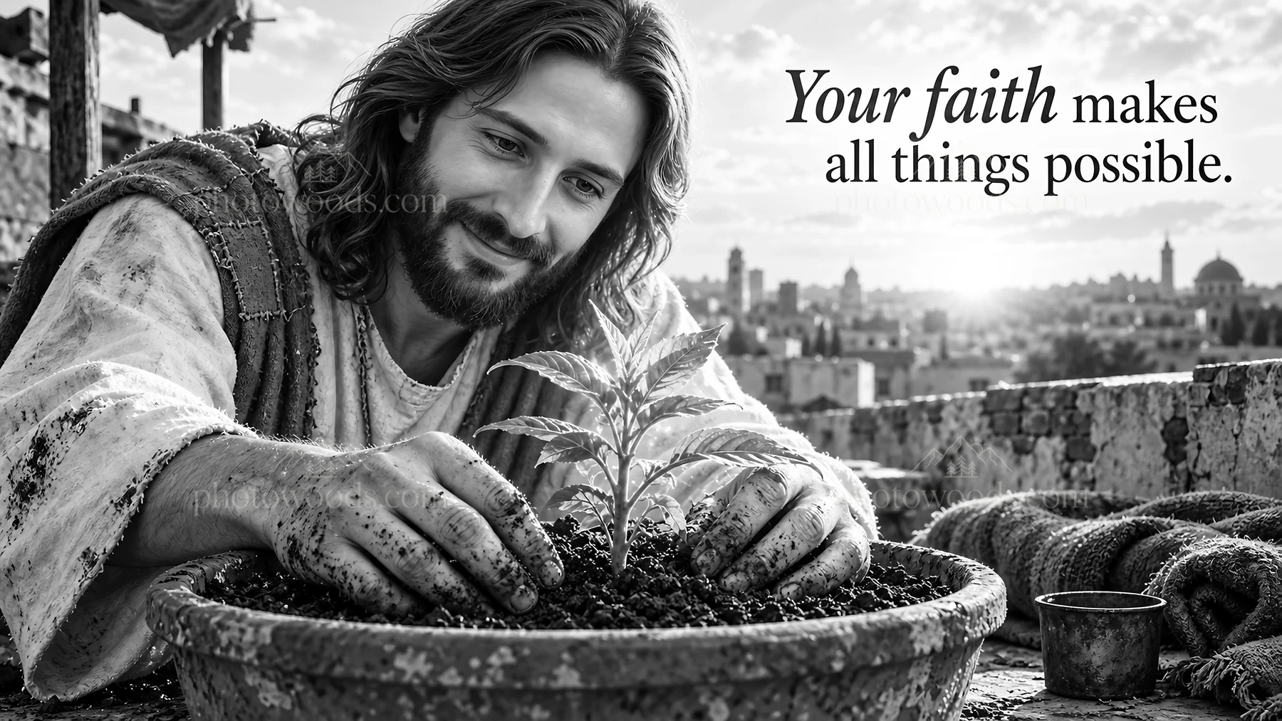 Jesus Christ planting a seed in a garden - AI-generated stock image