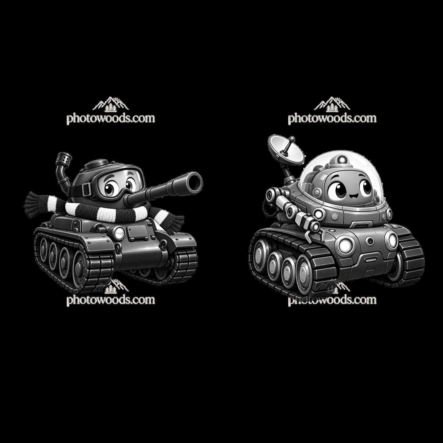 Cartoon tanks with accessories in playful poses - AI-generated stock image