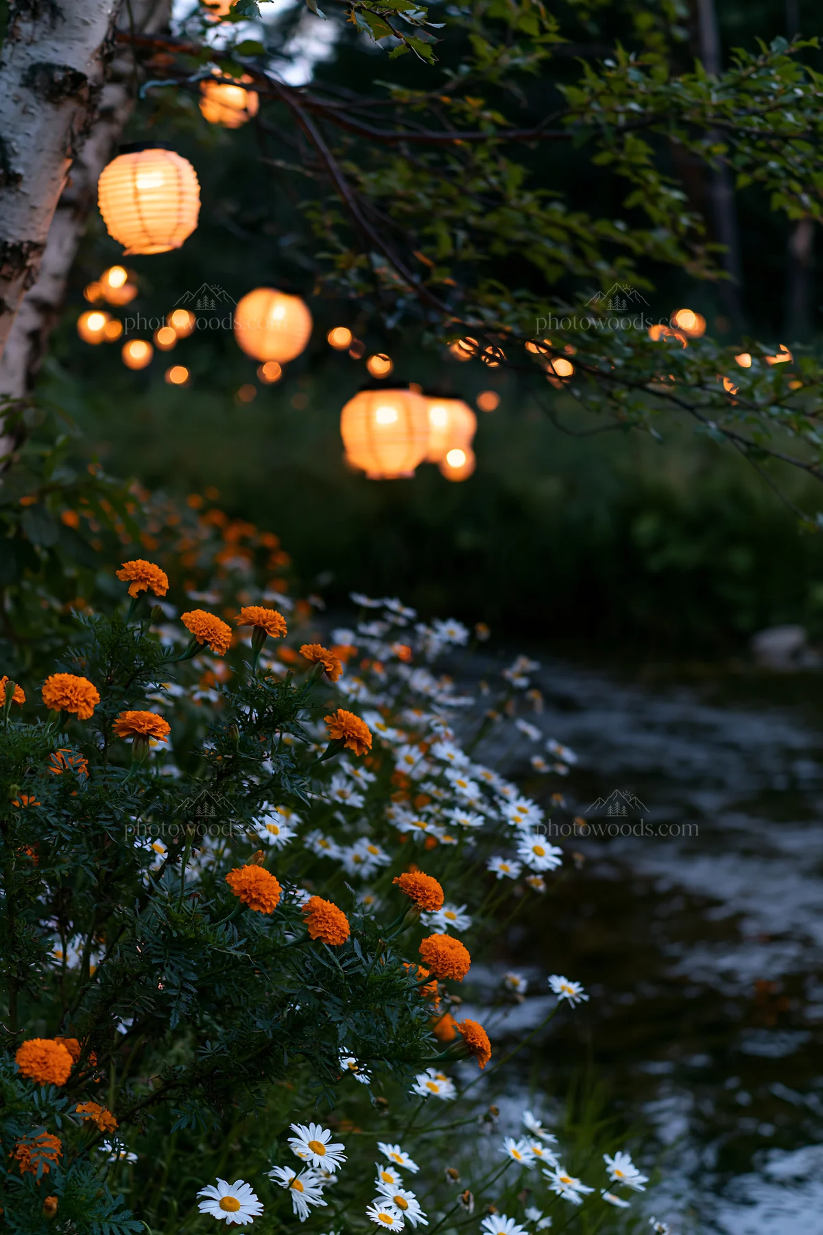 Christmas lights beside stream in meadow at dusk - AI-generated stock image