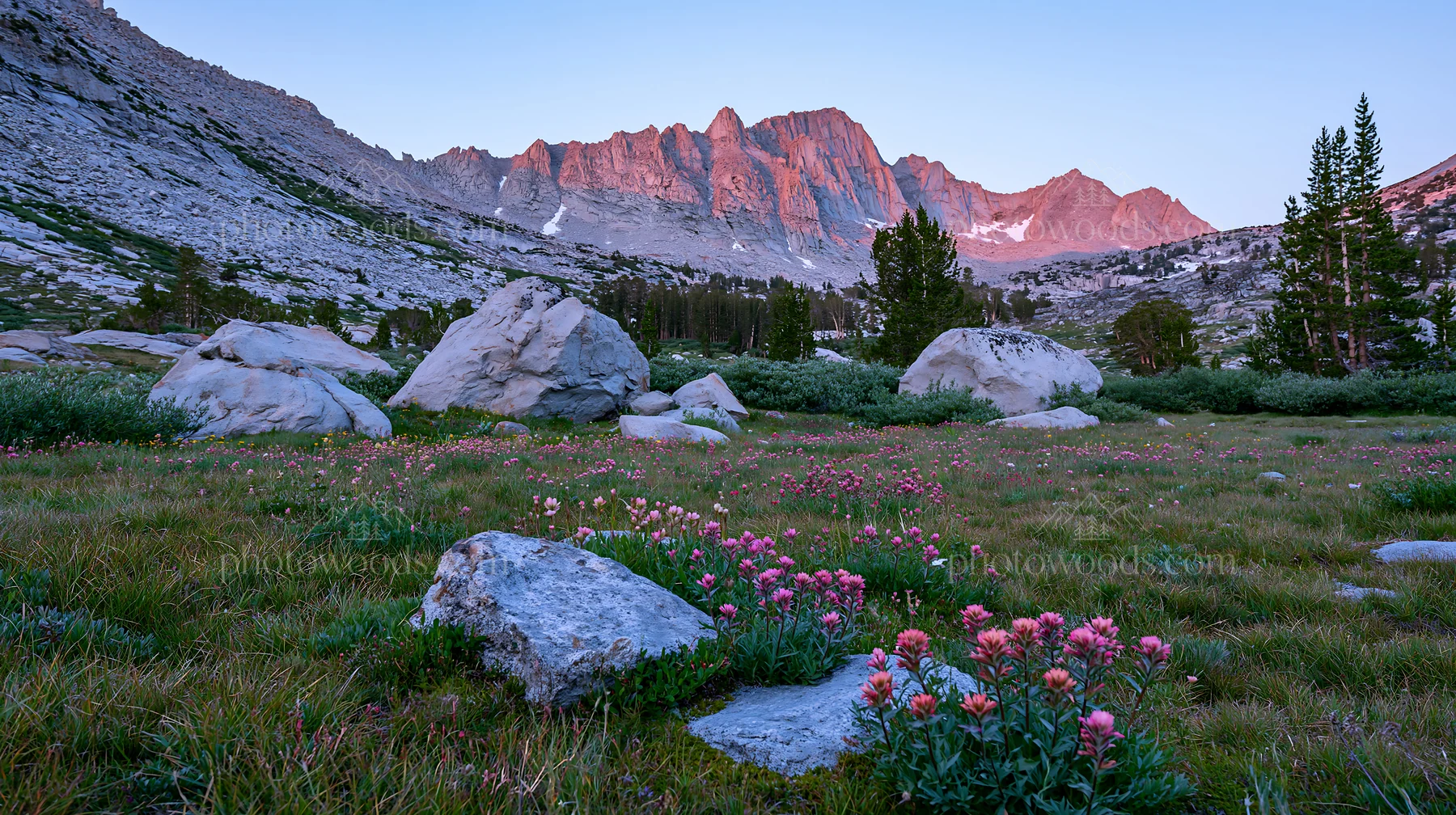 Mossy boulders in a meadow with mountains at sunset - AI-generated stock image