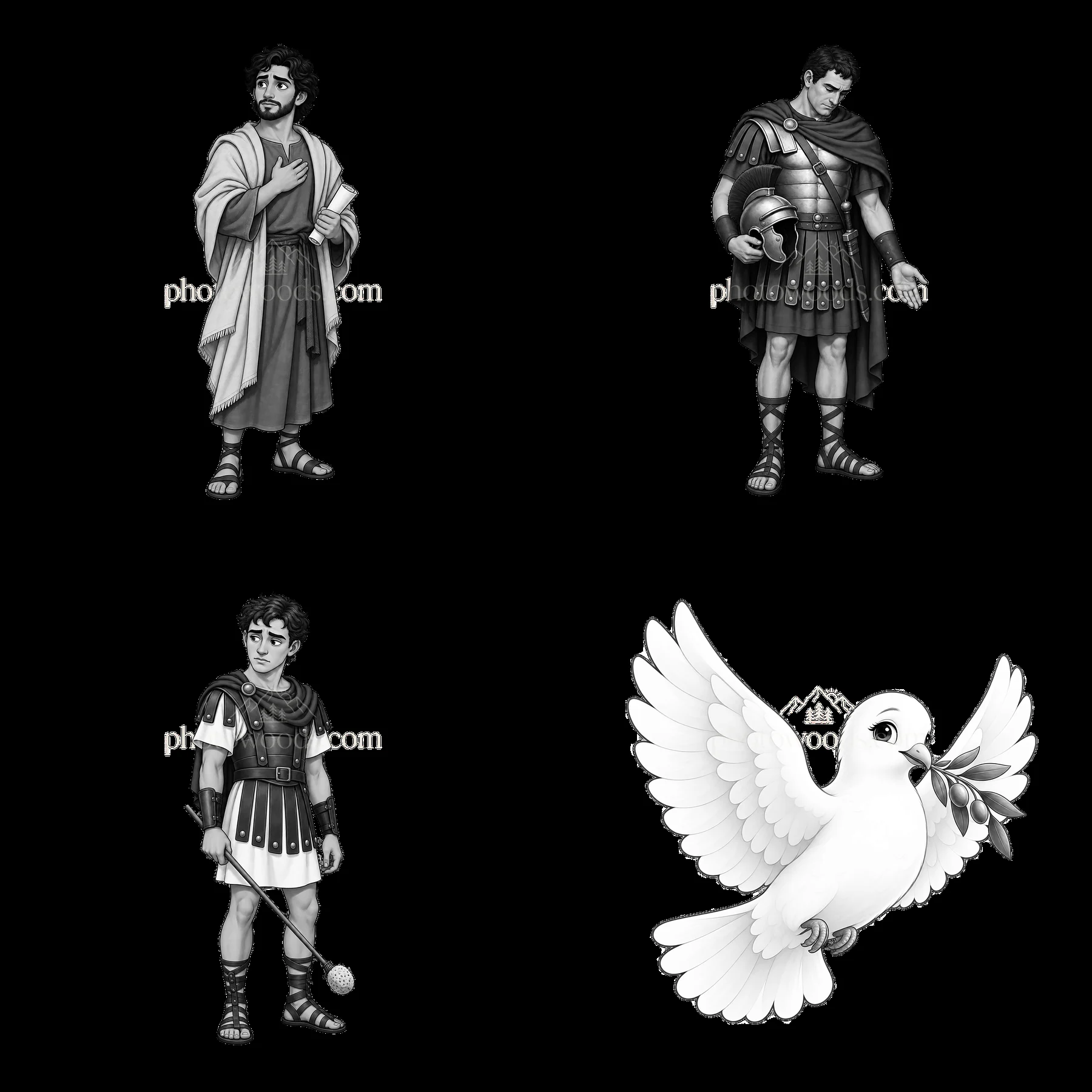Monochrome cartoon scene featuring figures of Jesus and soldiers - AI-generated stock image