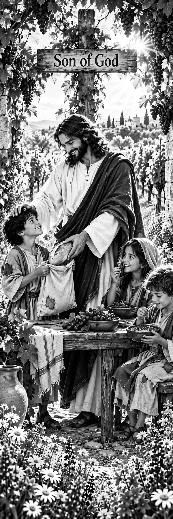 Jesus Christ sharing food with children in the garden - AI-generated stock image