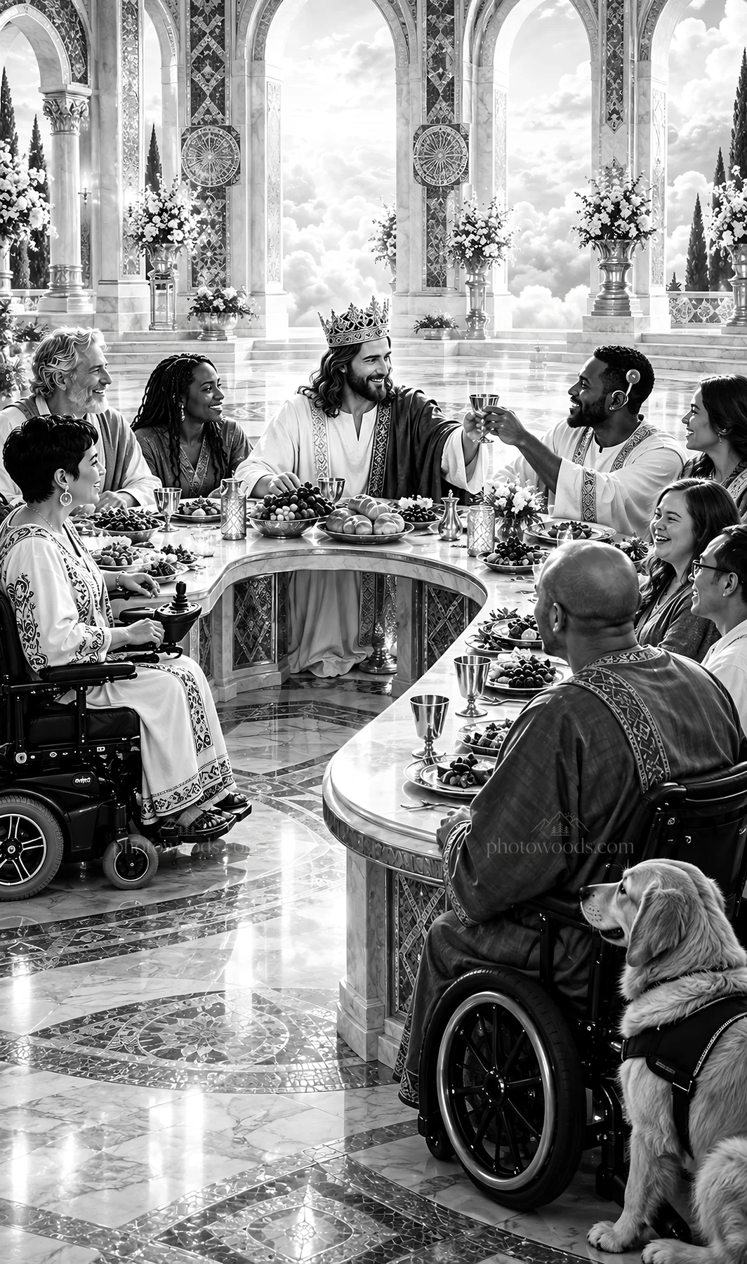 Jesus Christ shares a meal with friends in a banquet setting - AI-generated stock image