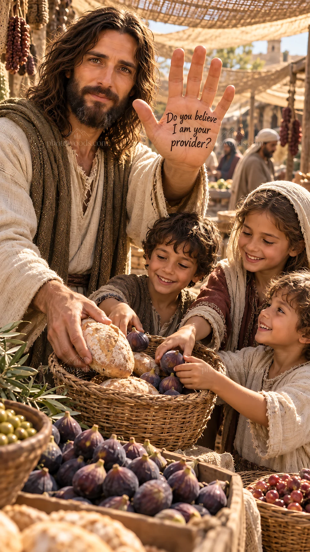 Jesus Christ sharing bread and teaching children at market - AI-generated stock image