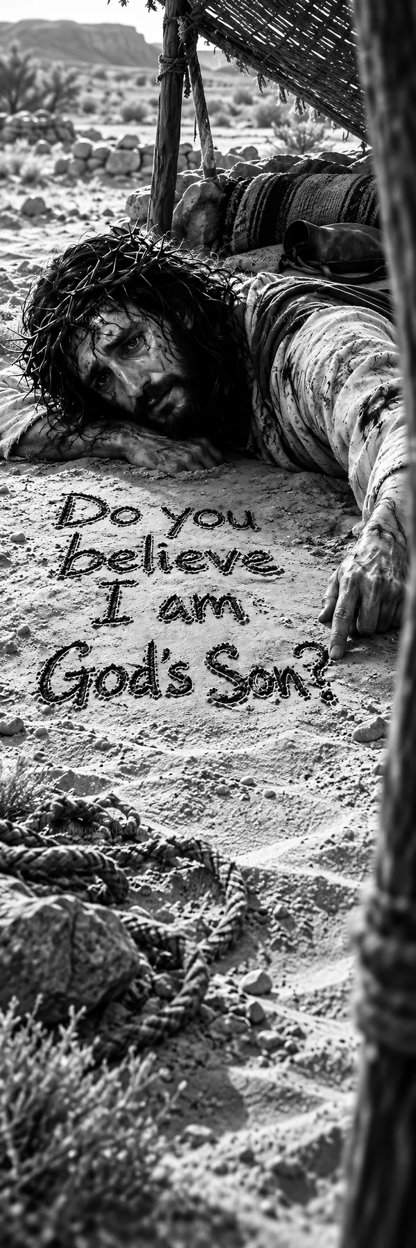 Jesus Christ lying in the sand speaking about faith - AI-generated stock image