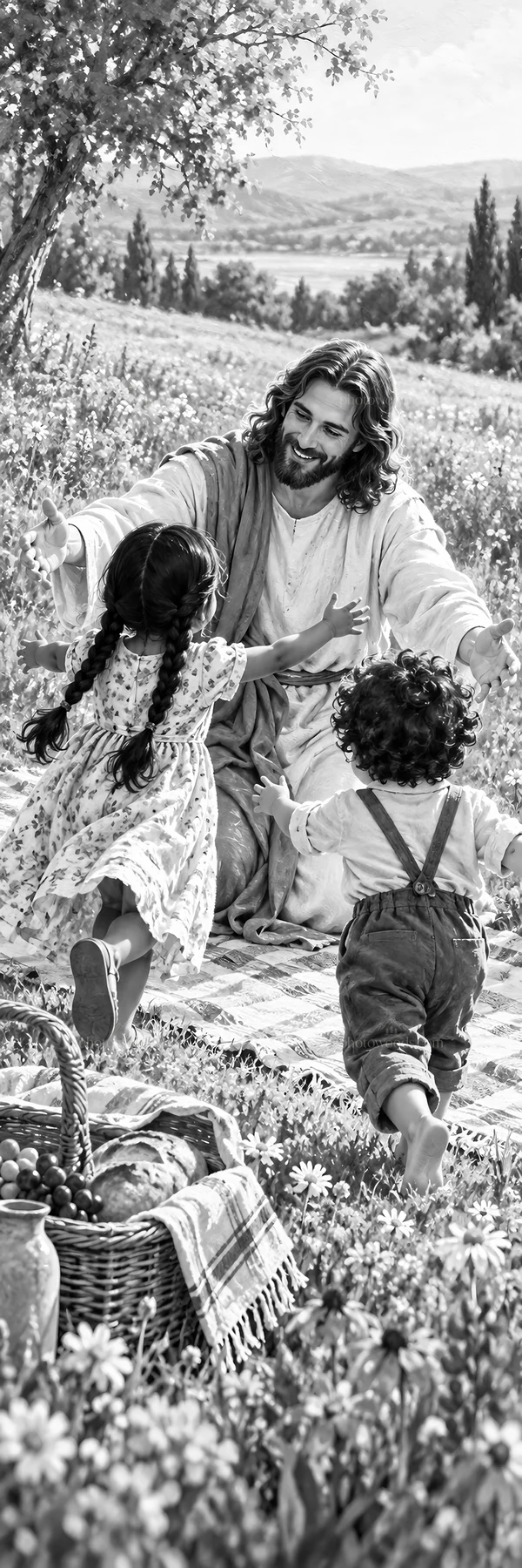 Jesus Christ welcoming children in a field - AI-generated stock image