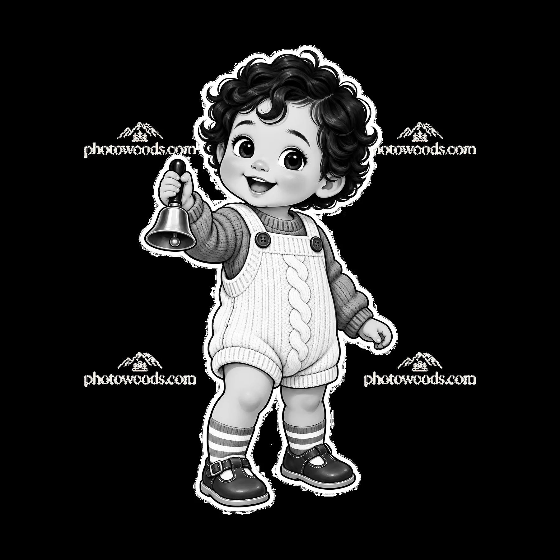 Toddler with curly hair holding a bell and wearing overalls - AI-generated stock image
