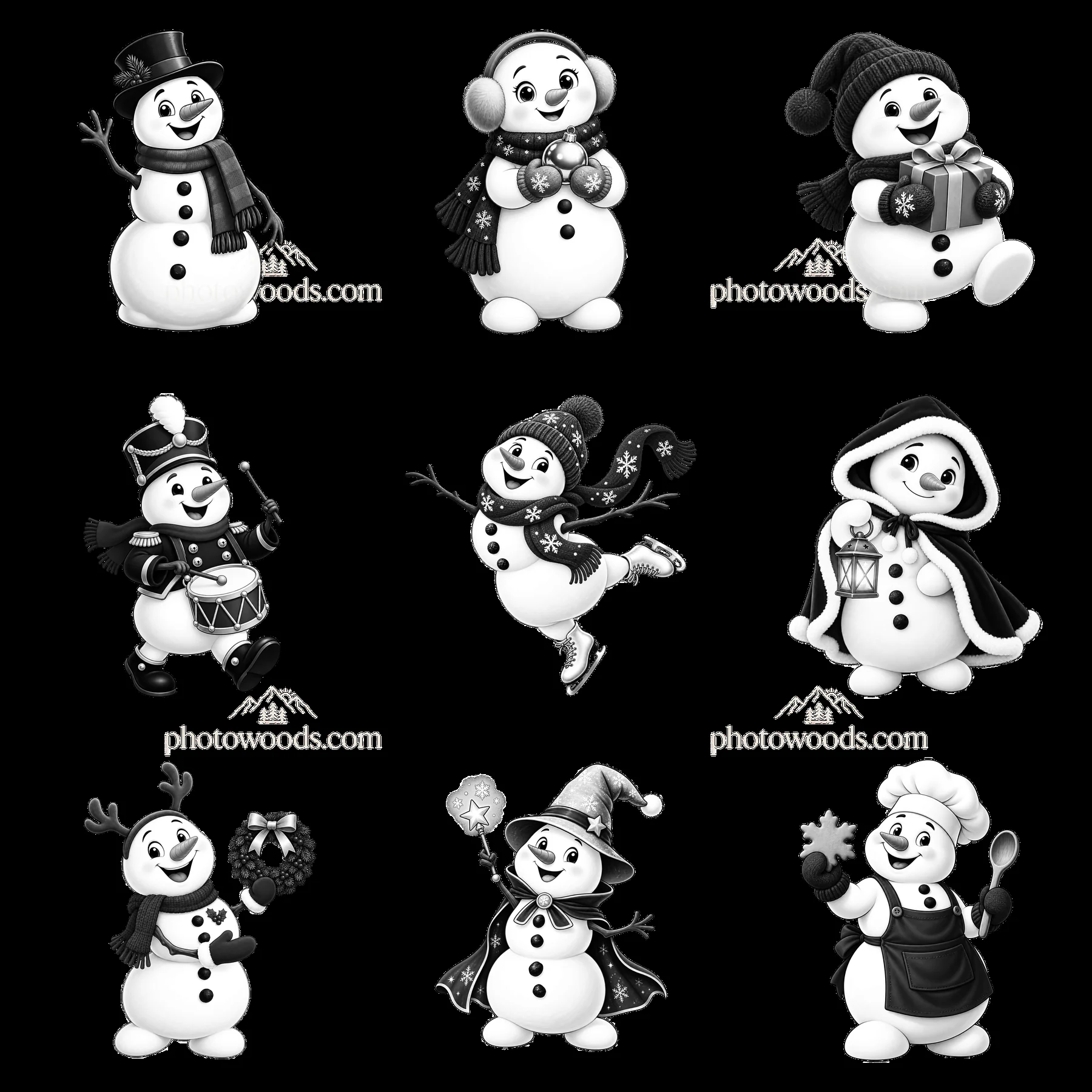 Snowmen engaging in winter activities in a 3x3 grid layout - AI-generated stock image