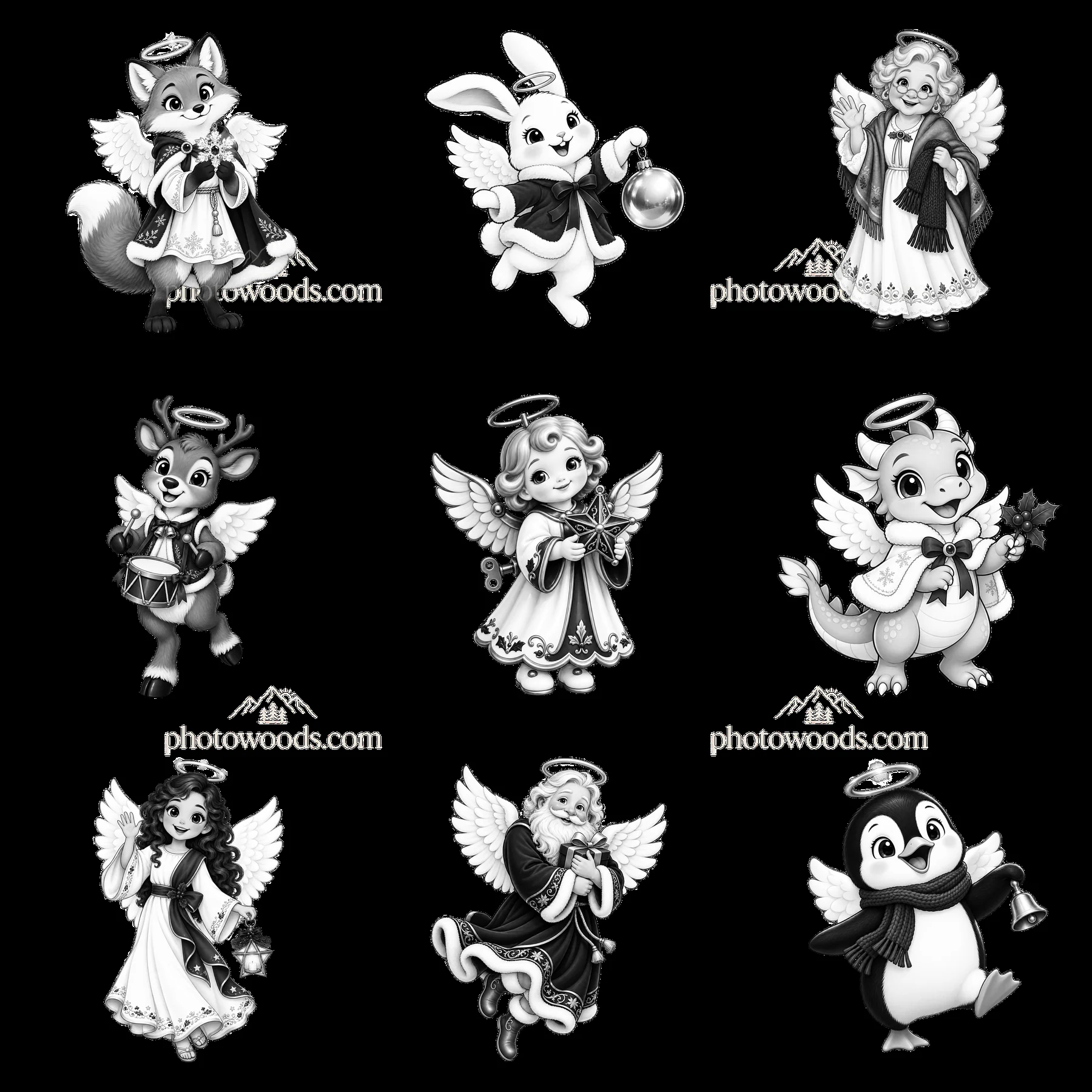 Christmas angel characters in black and white cartoon stickers - AI-generated stock image