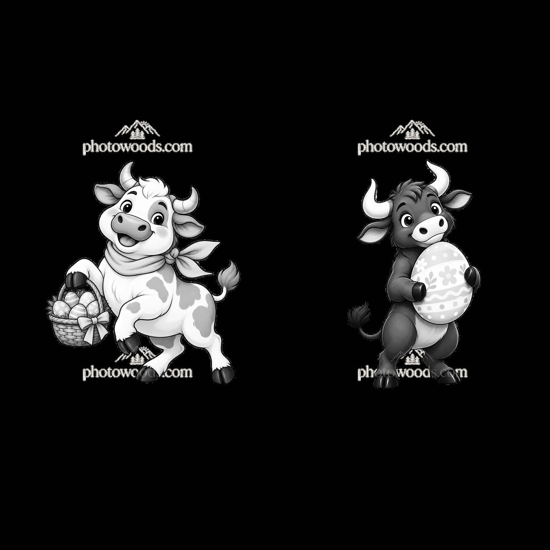 Easter ox characters with basket and egg in monochrome design - AI-generated stock image