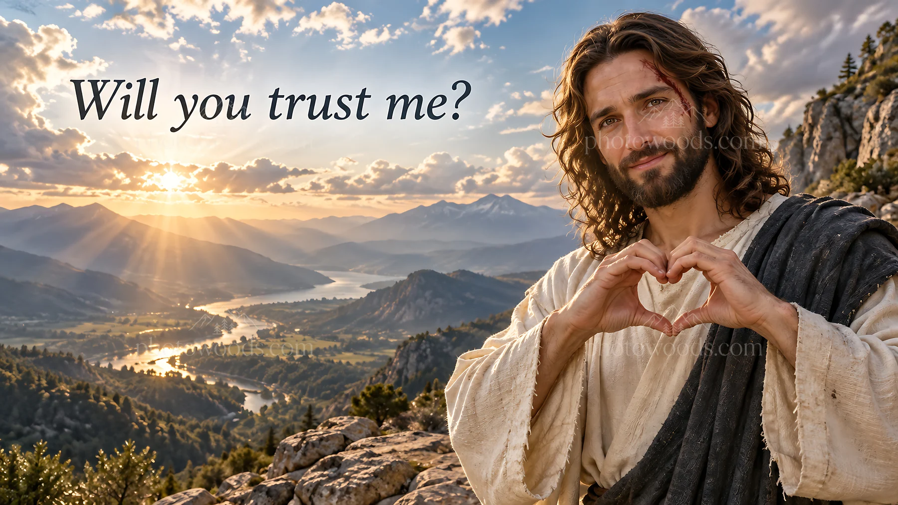 Jesus Christ inviting trust in a scenic landscape - AI-generated stock image