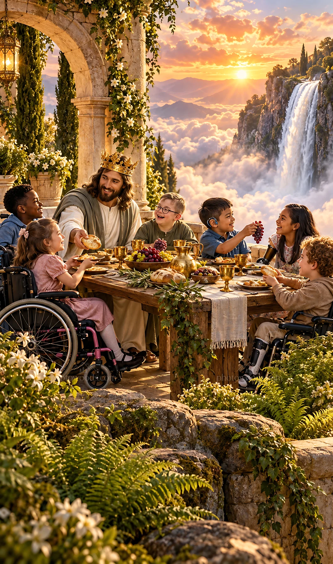 Jesus Christ sharing a meal with children in a garden setting - AI-generated stock image