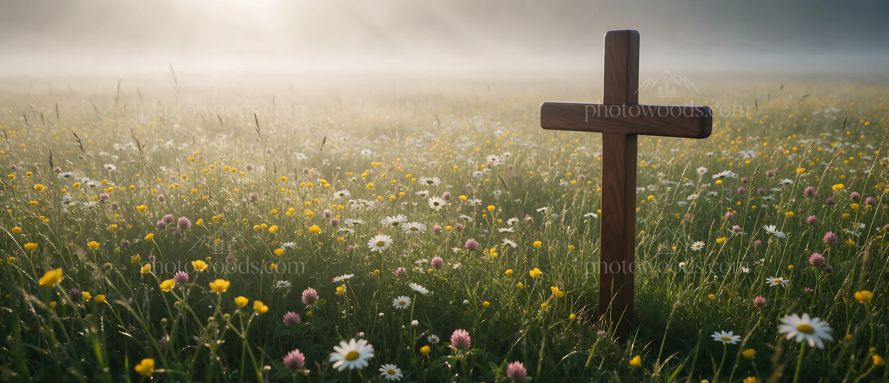 Christian cross in meadow with light rays through the sky - AI-generated stock image
