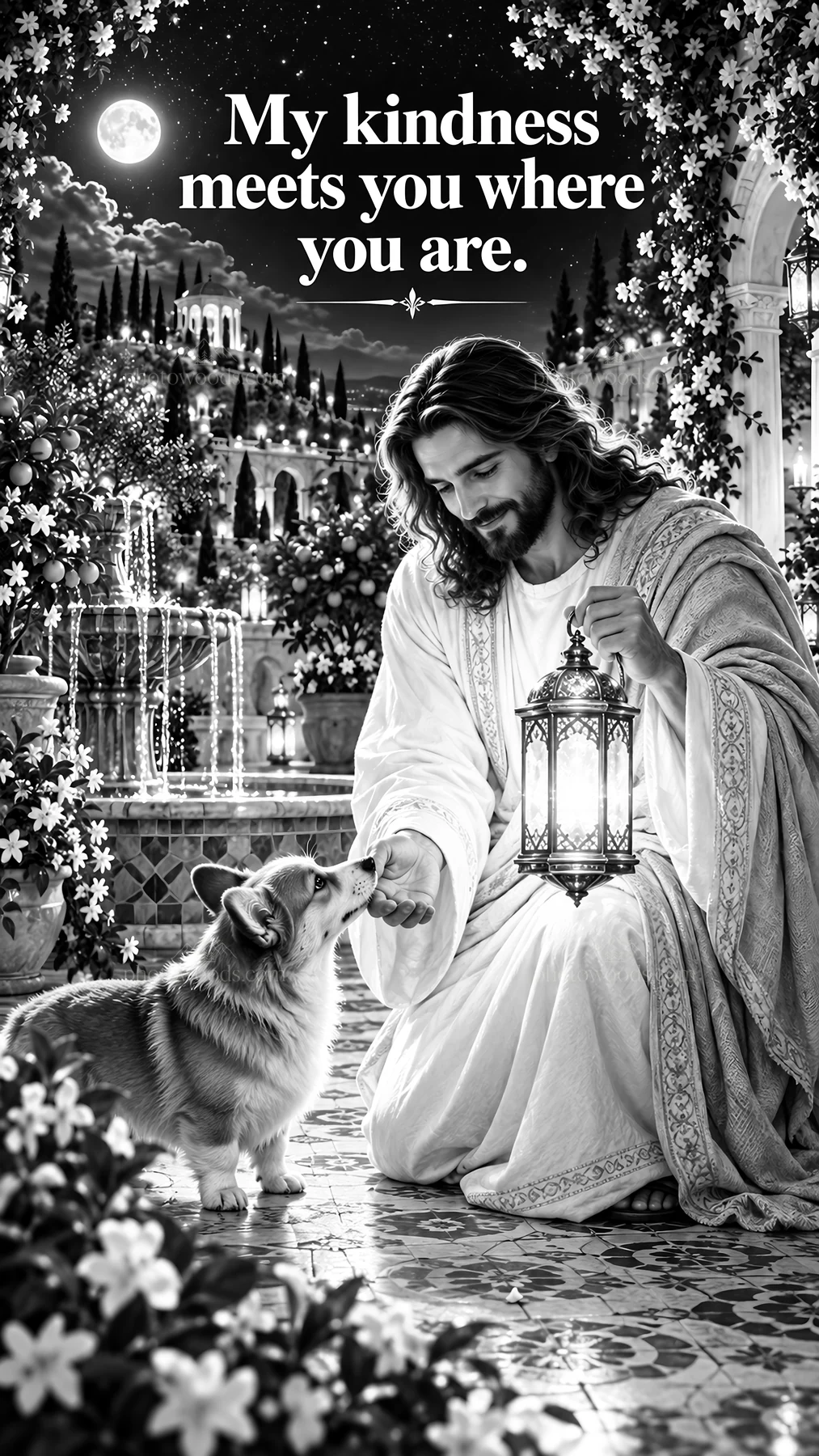 Jesus Christ sharing kindness with a dog - AI-generated stock image