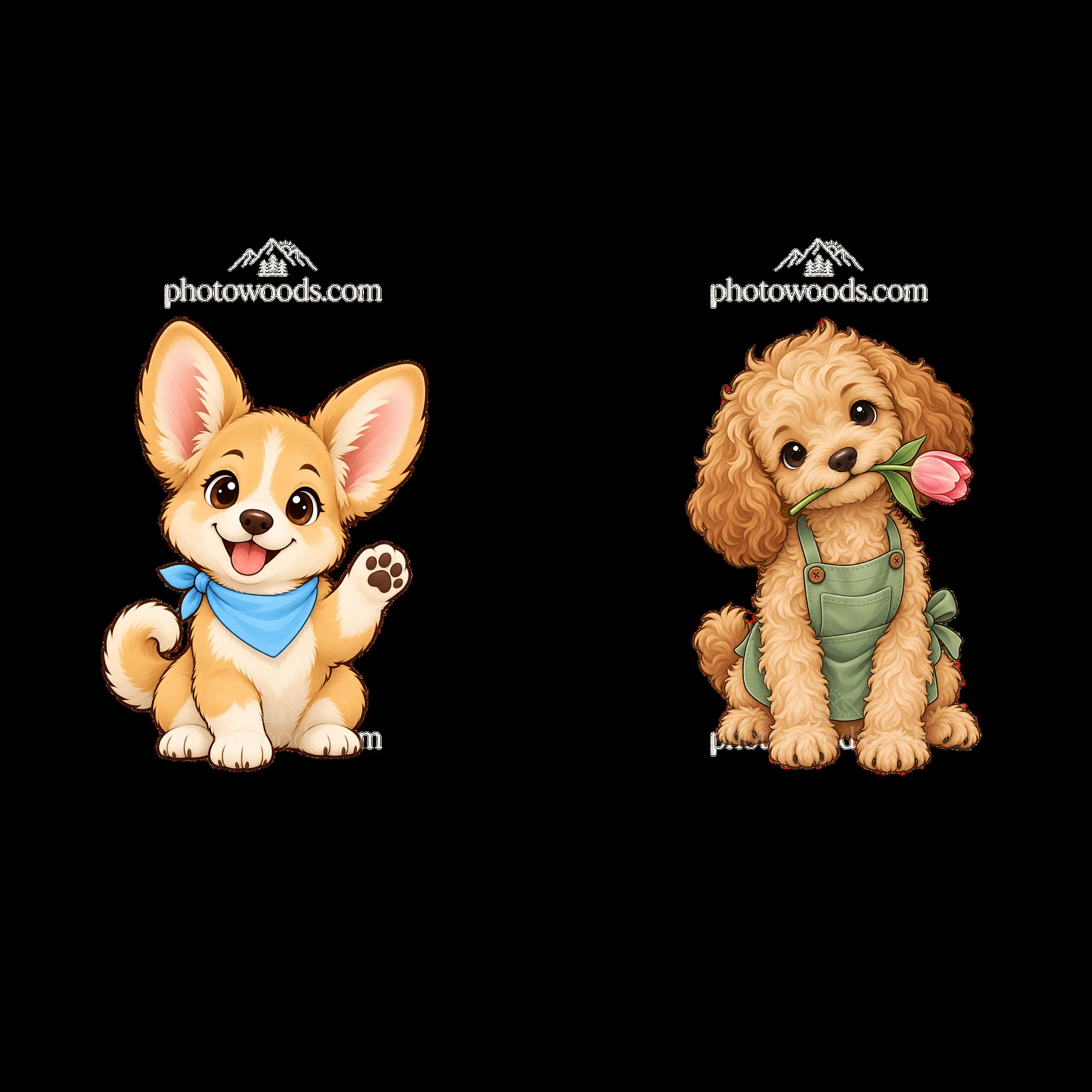 Cute cartoon dog stickers with Corgi and Poodle characters - AI-generated stock image