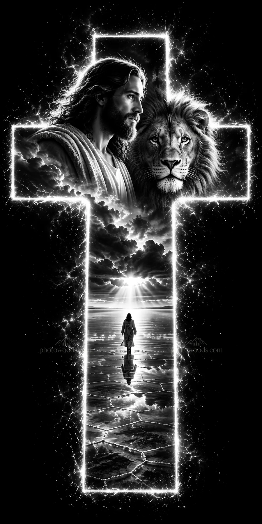 Jesus Christ with lion in cross symbolizing strength and guidance - AI-generated stock image