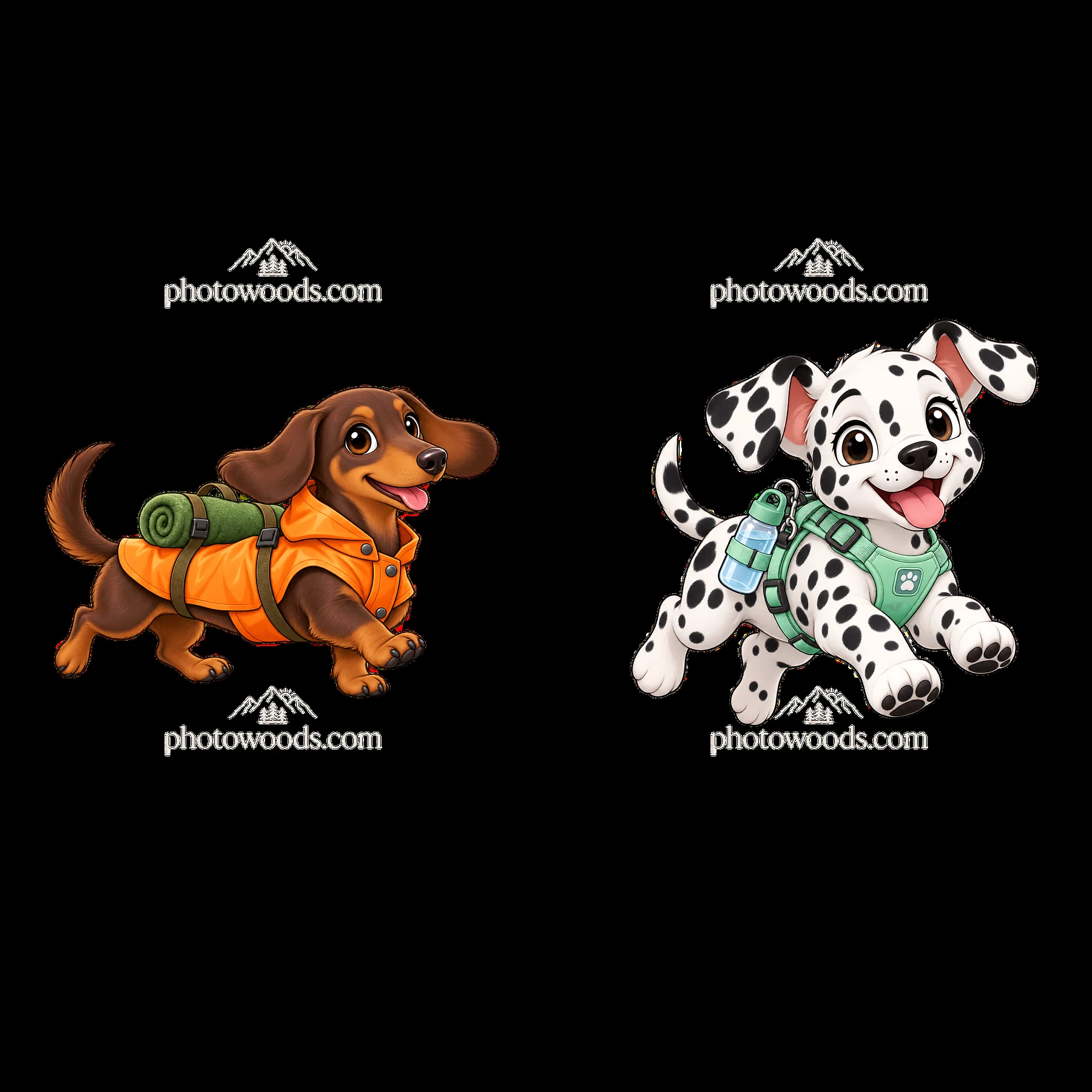 Cute cartoon K-9 dogs with backpacks ready for adventure - AI-generated stock image