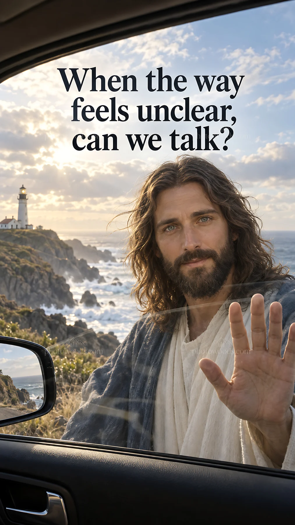 Jesus Christ reaching out in a moment of reflection - AI-generated stock image