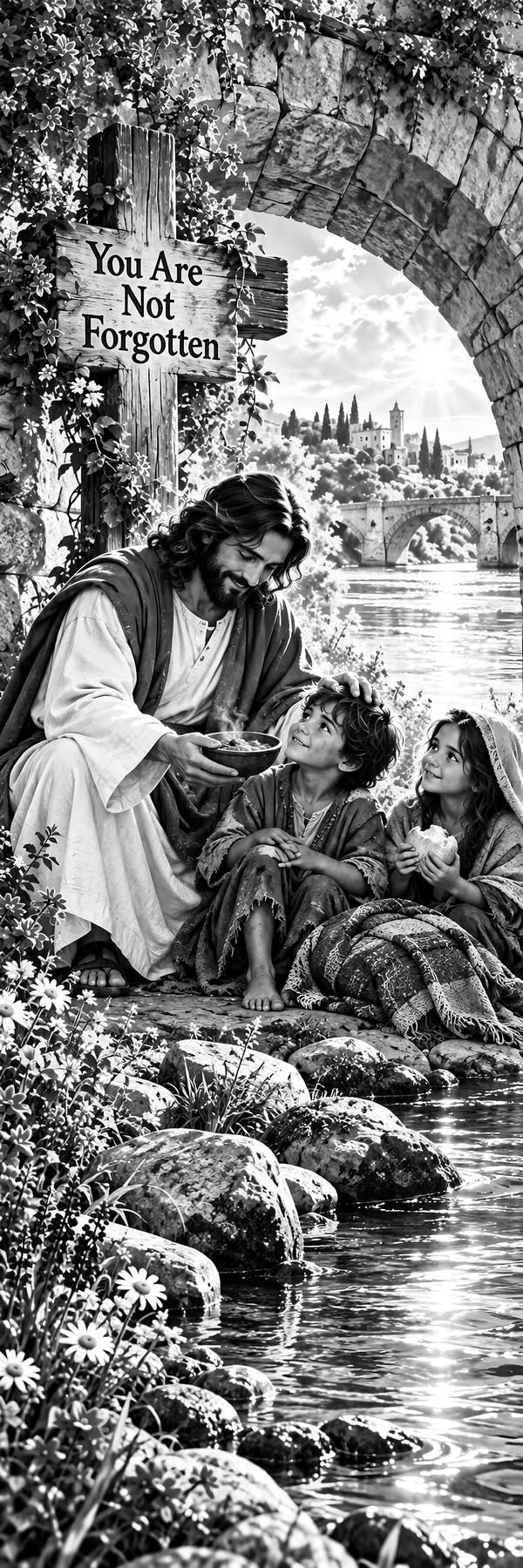 Jesus Christ comforting children by the river - AI-generated stock image