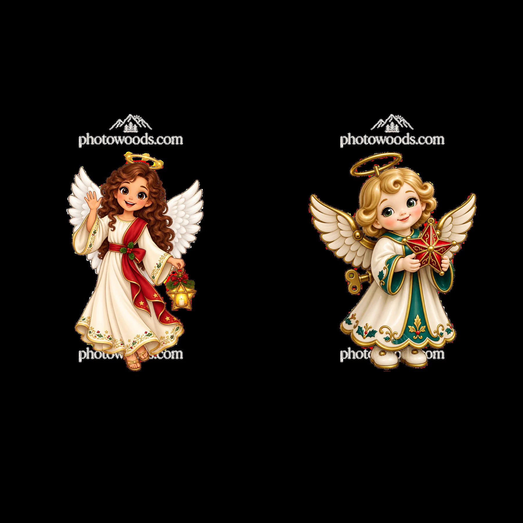 Christmas angel sticker set with two cheerful characters - AI-generated stock image