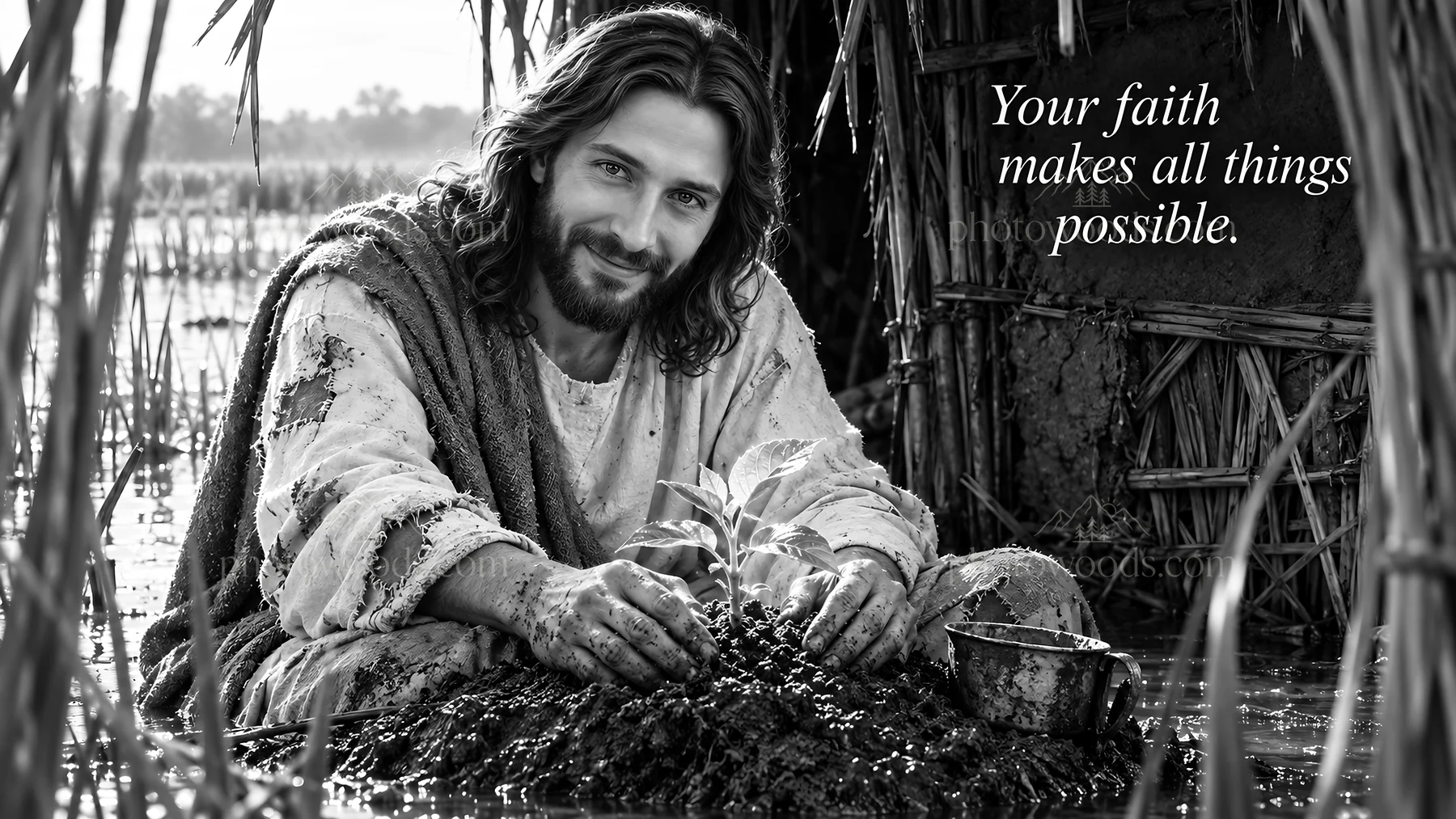 Jesus Christ gardening and nurturing a plant - AI-generated stock image