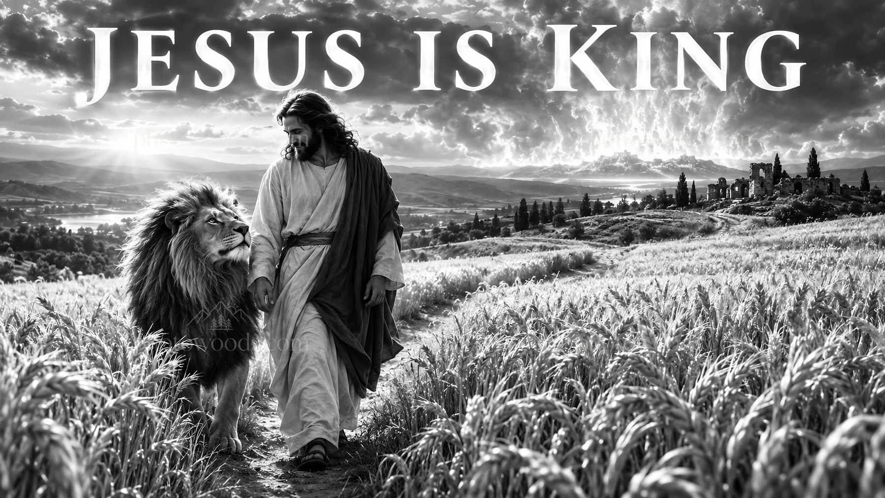 Jesus Christ walking with a lion in a wheat field - AI-generated stock image