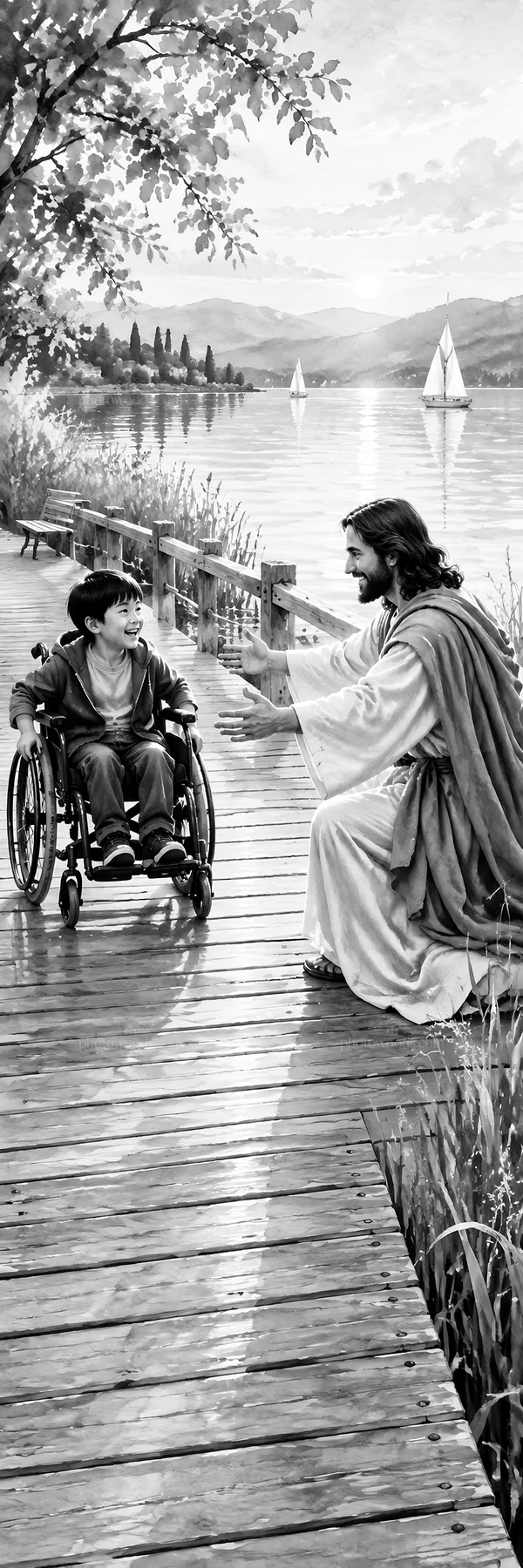 Jesus Christ reaching out to a child in a wheelchair - AI-generated stock image