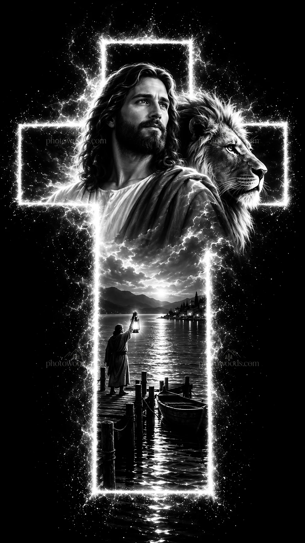 Jesus Christ standing with a lion in a cross-shaped scene - AI-generated stock image