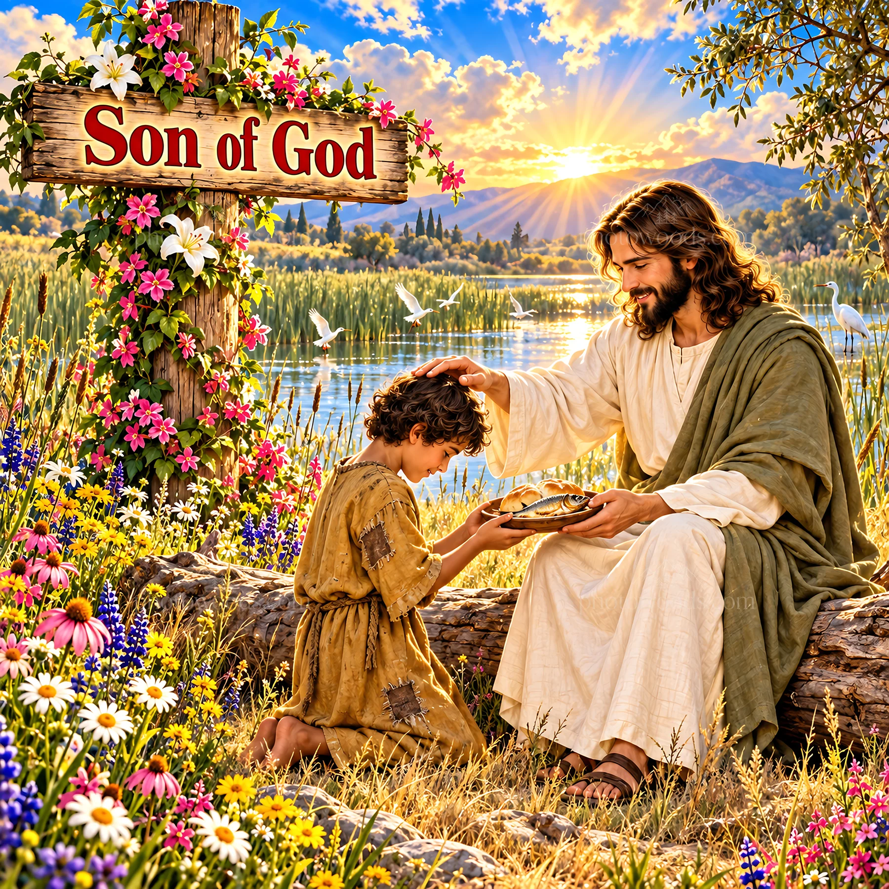 Jesus Christ sharing a meal with a young boy in nature - AI-generated stock image