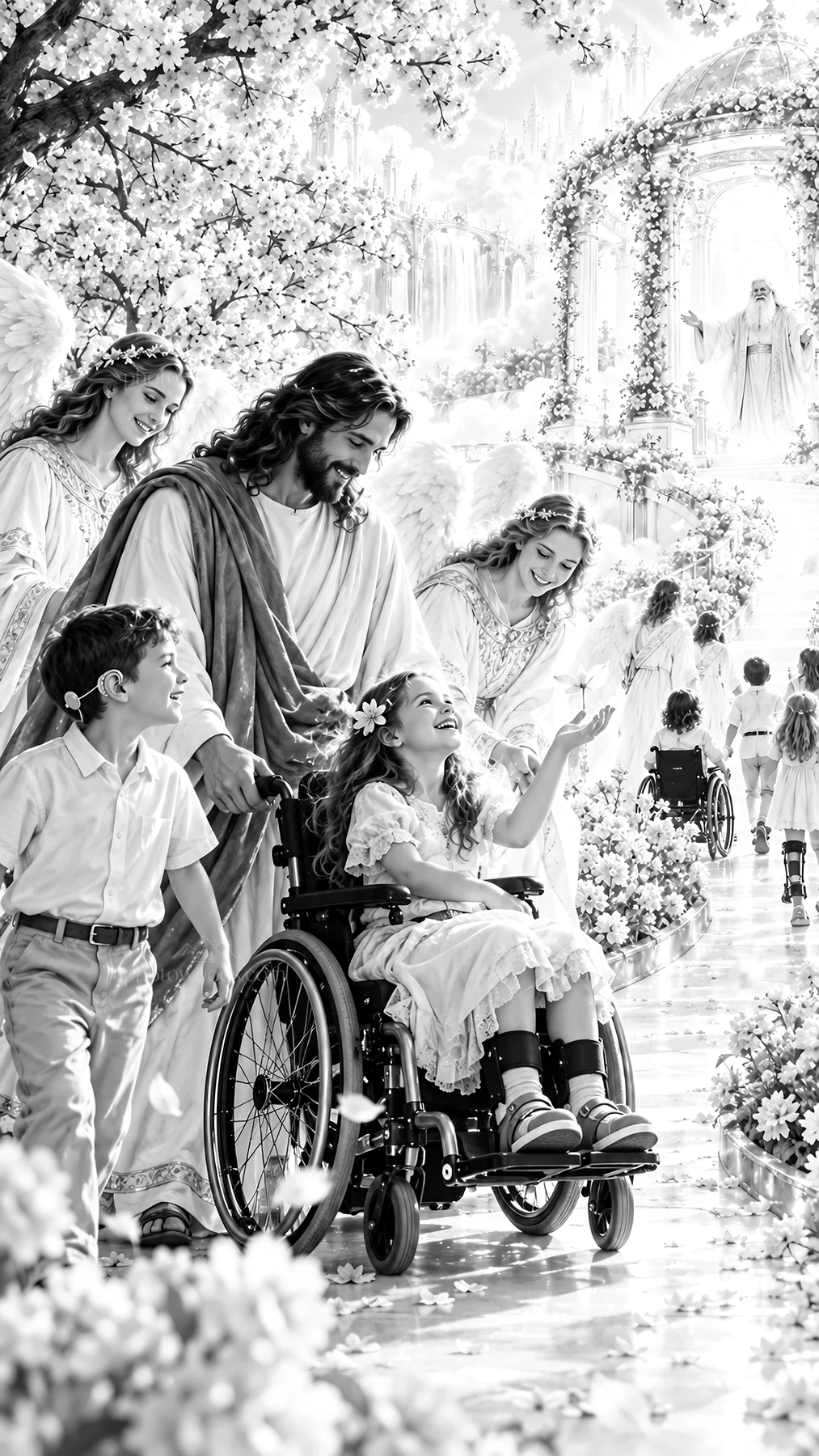Jesus Christ comforting children in a heavenly garden setting - AI-generated stock image
